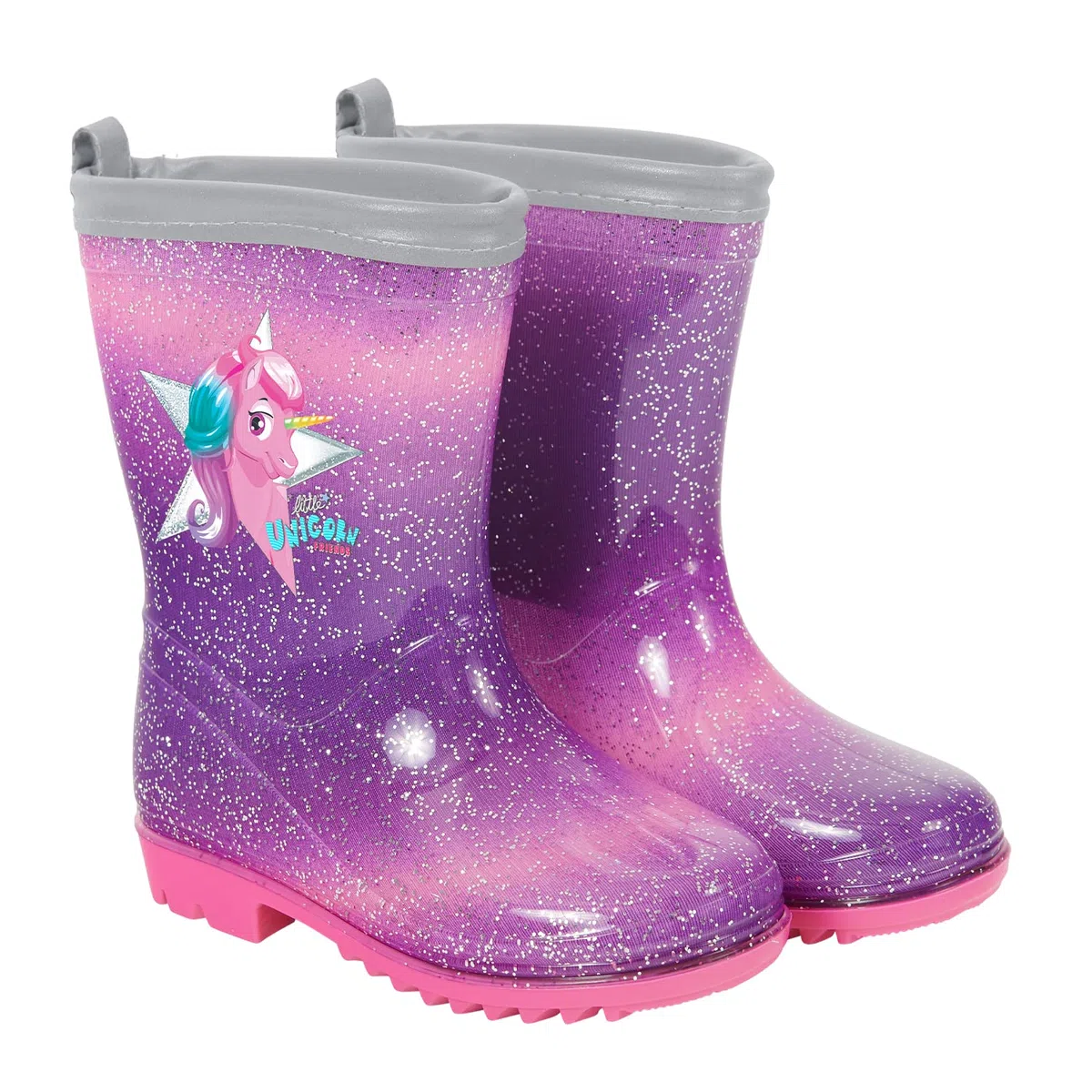 PERLETTI Kinder Einhorn Gummistiefel Rosa mit Glitzern - Wasserdichte Regen Stiefel Regenstiefel mit Rutschfeste Sohle und Silber Rand Reflektierend - Unicorn Stiefeletten Mädchen