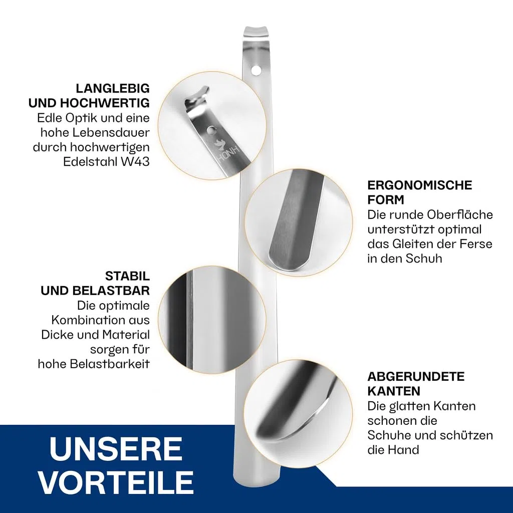 HONH Schuhlöffel lang 72 cm aus Edelstahl, 2 mm extra stabil, Schuhanzieher lang Metall, rückenschonende Anziehhilfe für Senioren, Herren, Damen, mit Aufhängeloch