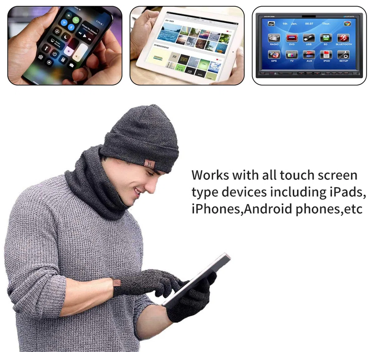 Mütze Herren Damen Wintermütze Schal Touchscreen Handschuh Set, Beanie Strickmütze Winter Loop Schal mit Fleecefutter Warmemütze Schlauchschal Handschuhe für Herren Damen