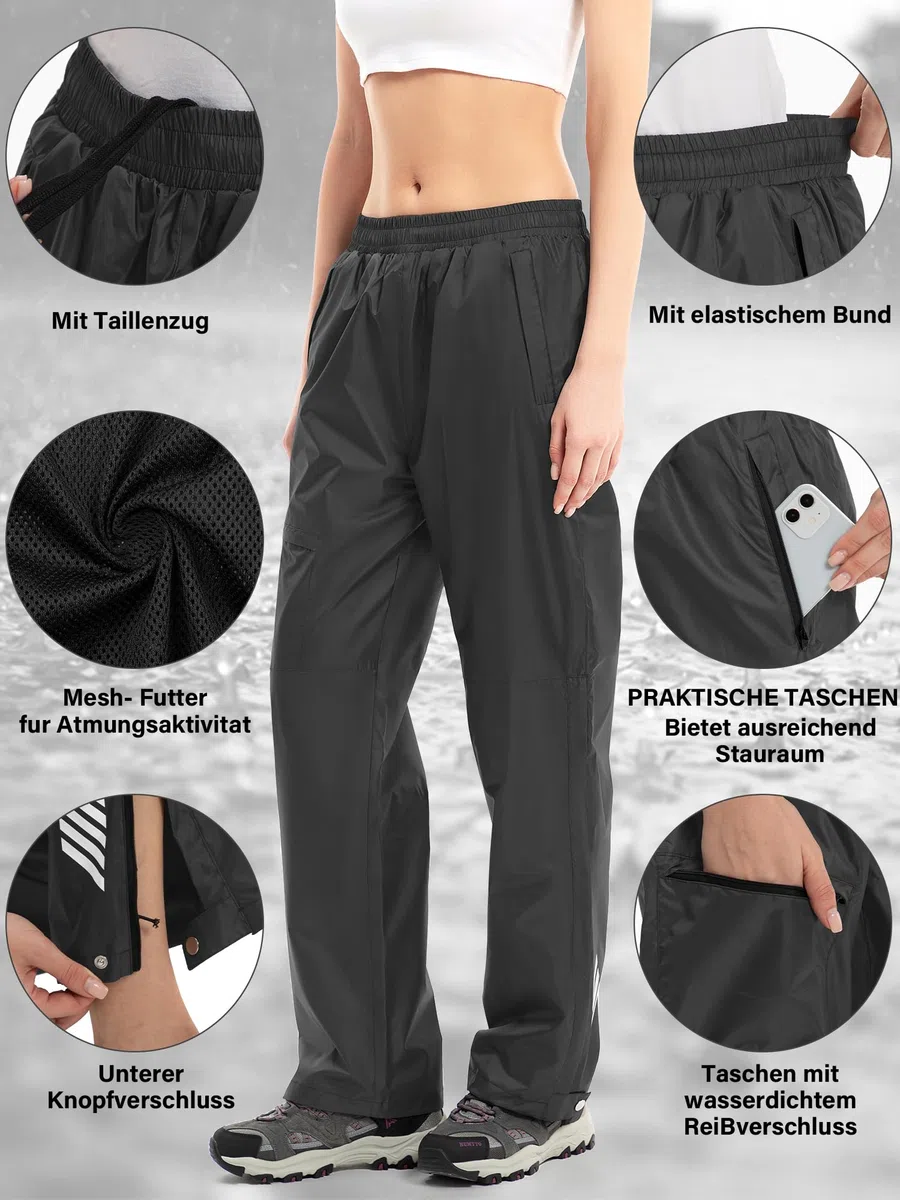 Regenhose Damen Wasserdicht Atmungsaktiv Leicht Fahrrad Überziehhose Winddicht Wanderhose Outdoor Trekkinghose Arbeitshose