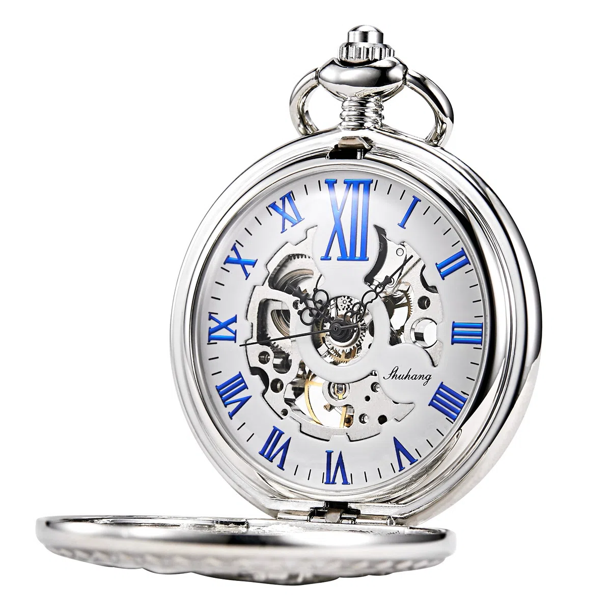 TREEWETO Antique Mens Pocket Watch Skeleton Mechanical Hollow Bronze Case 3D Steam Train Railroad Roman Numerals