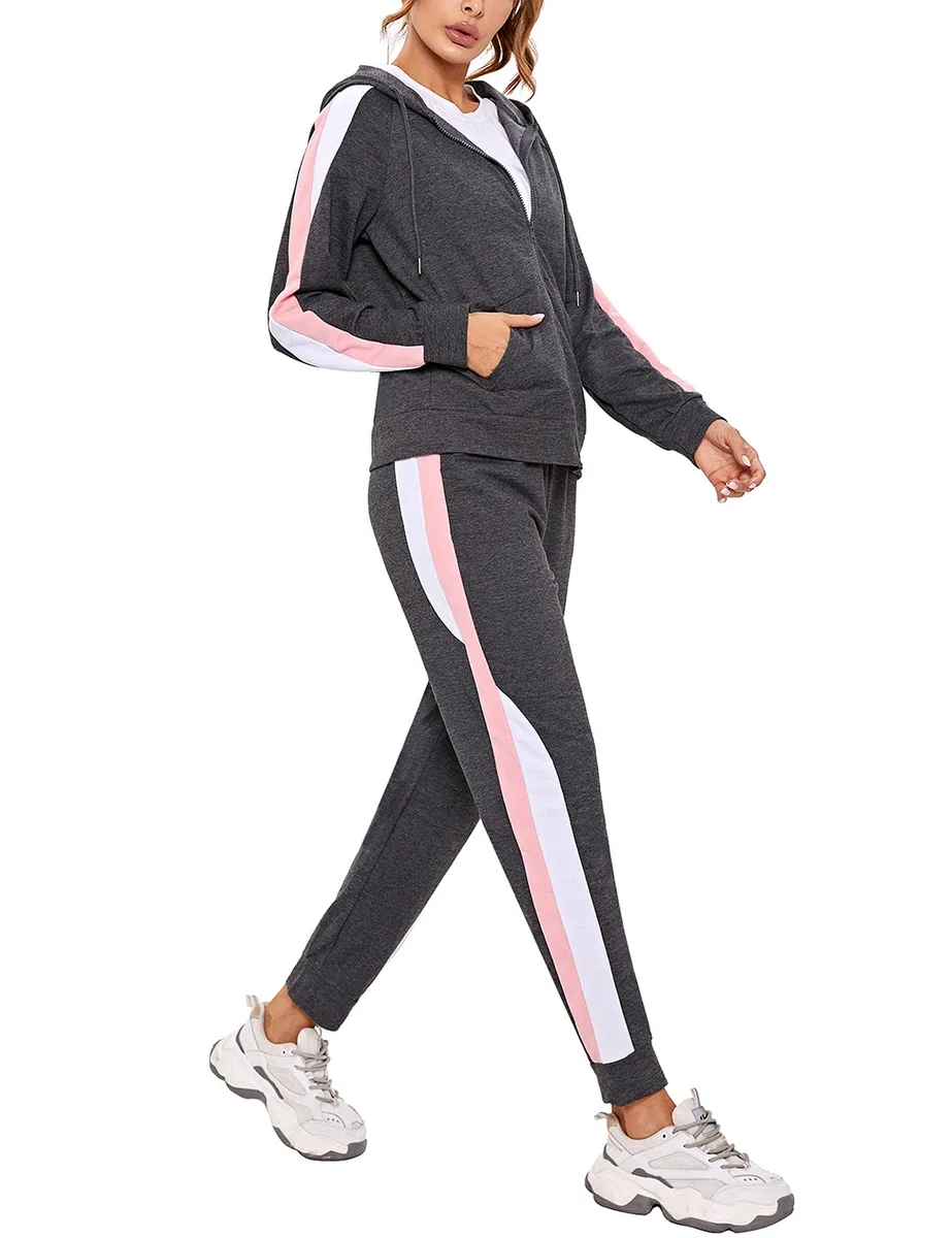 Litherday Jogginganzug Damen Lang Freizeitanzug Baumwolle Trainingsanzug Damen Streifen Sportanzug Fitnessanzug mit Taschen
