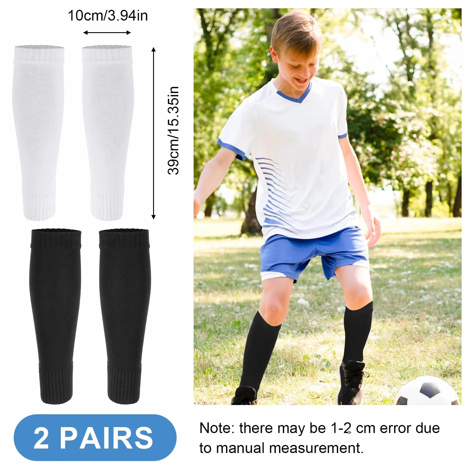 Tyqour 2 Paar Stutzen Kinder Fußball, Unisex Stutzen Ohne Socken, Fußball Sleeves Tubes Sportsocken Weiß Schwarz Fussball Socken Kinder Atmungsaktive Football Socks für Anfänger und Jugendliche