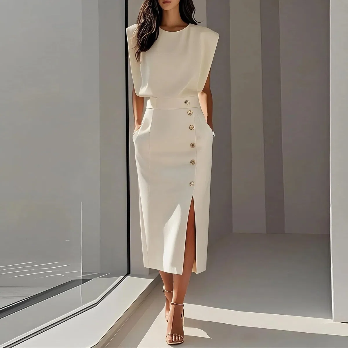 Kleid Hochzeitsgast Damen Midi Festliche Kleider Sommer A Linie Abendkleider Elegant Für Hochzeit Tailliert Schick Abschlusskleider Frauen mit Schlitz Business Midikleid mit Taschen