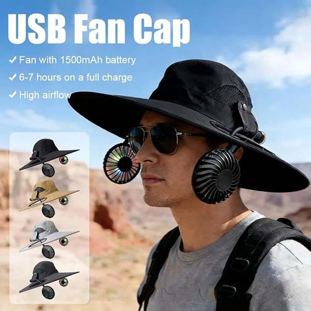 2-in-1 Hands-Free Hat Fan with Detachable Neck Fan,Sonnenhut mit USB wiederaufladbare Ventilator Mütz,Sonnenhut mit breiter Krempe UPF 50+ & wasserdicht,Breite Krempe Sonnenhut für Männer Frauen