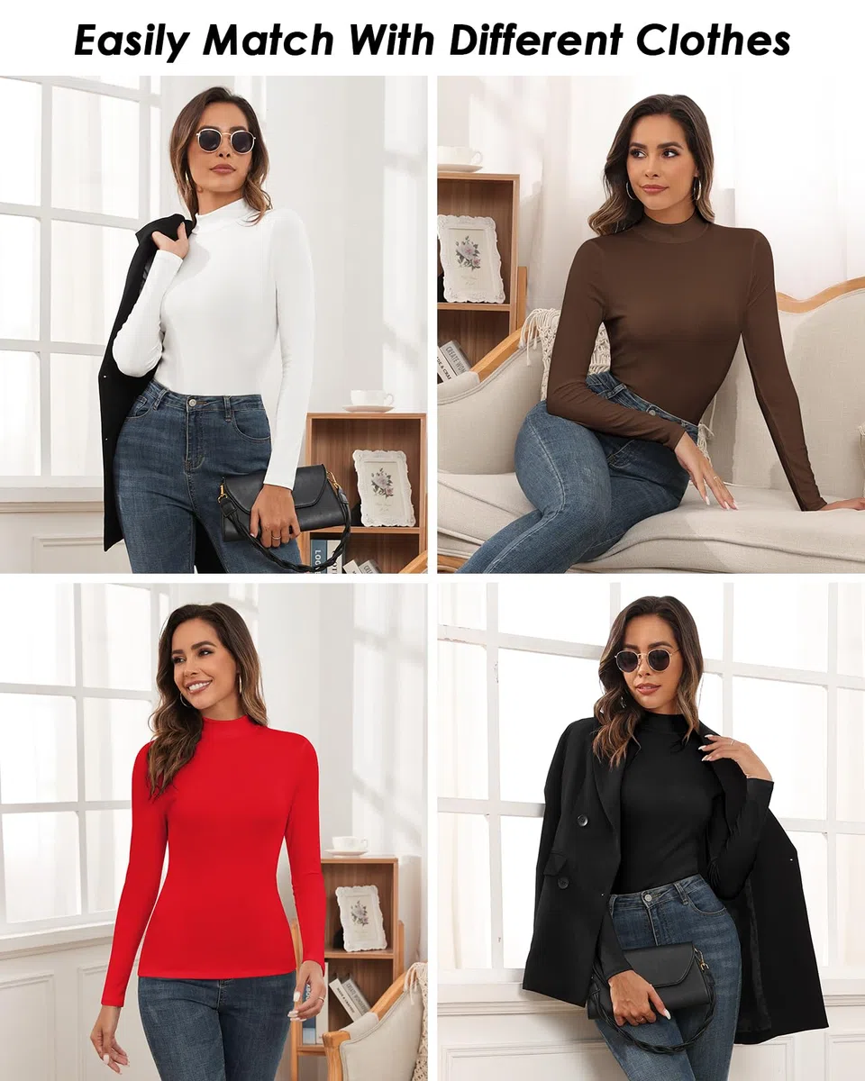 WOWENY Damen Rolli Stehkragen Langarmshirt Gerippt Rollkragenshirt Langarm Oberteil Unterziehrolli Elegant Basic Top