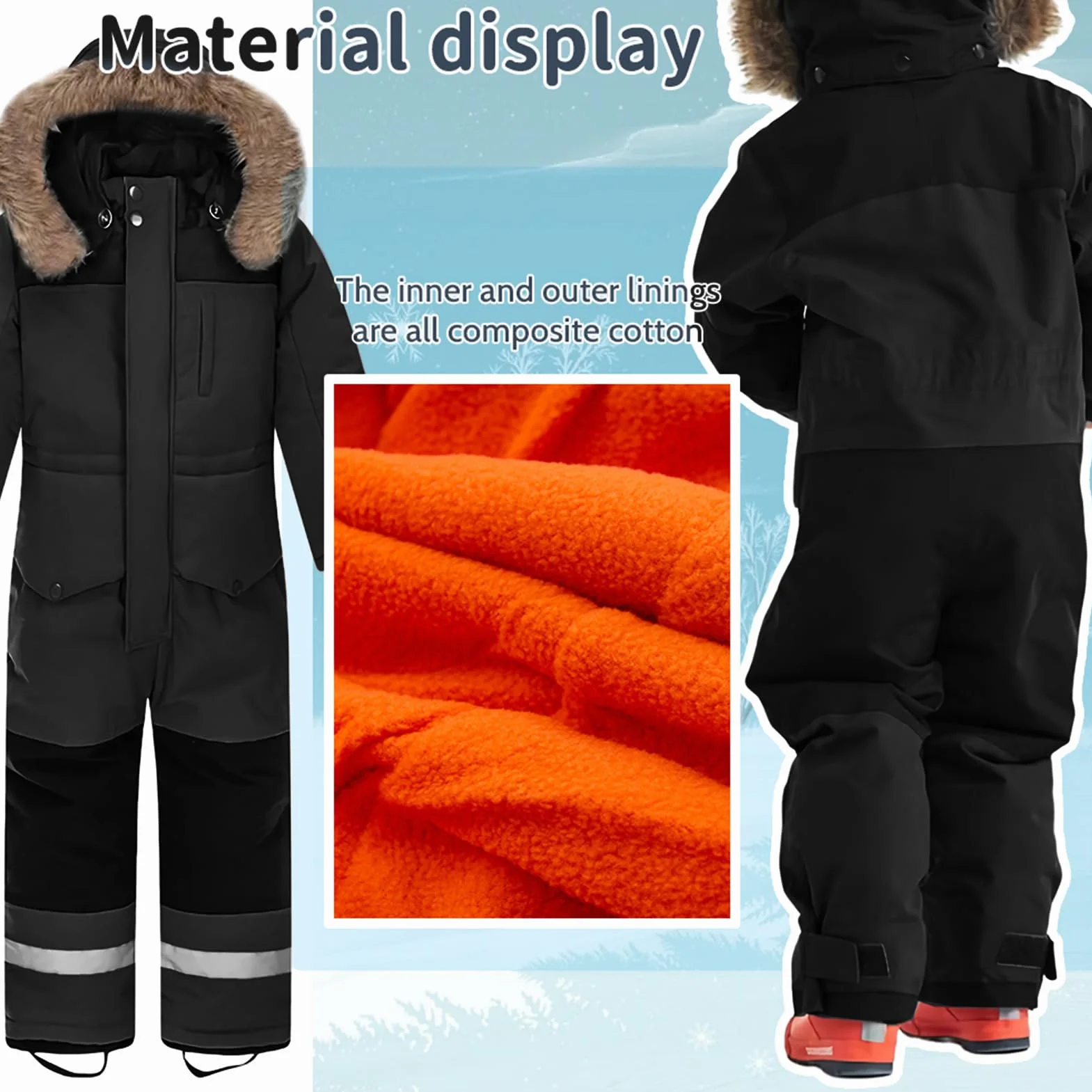 Kinder Skianzug Jungen mit Kapuze Winddichte Wasserdichte Schneeoverall Mädchen Warmer Schneeanzug Dickere Skioverall mit Reflektierenden Streifen