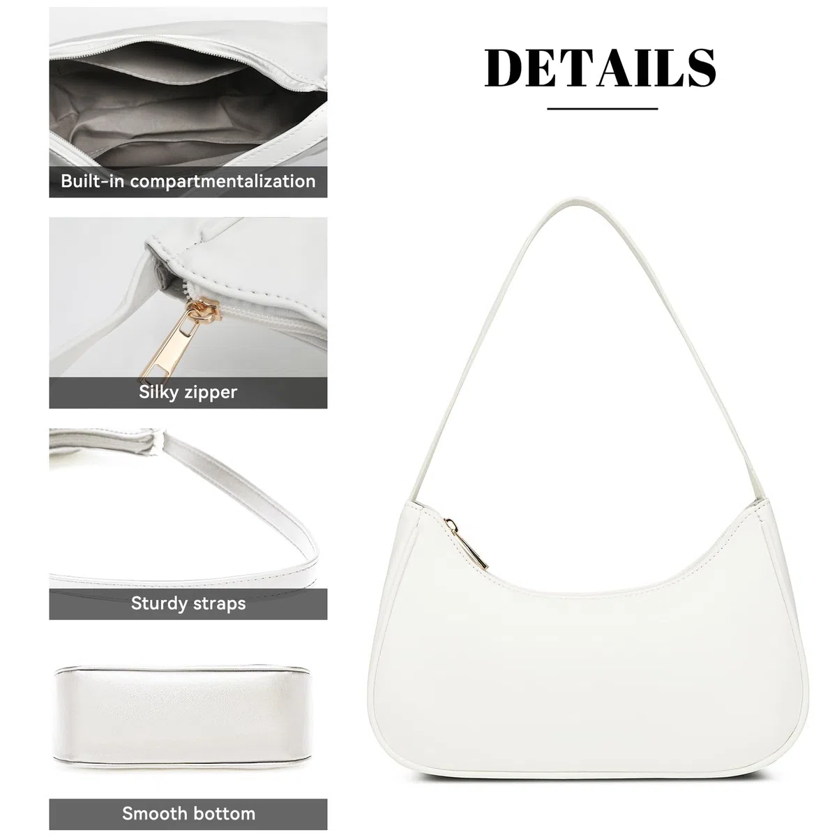 White Shoulder Bag Women, Vegan Leather Handbag Retro Hobo Sling Bag Tote With Zipper, Small Bag For Teenage Girls, Dirndl Bag