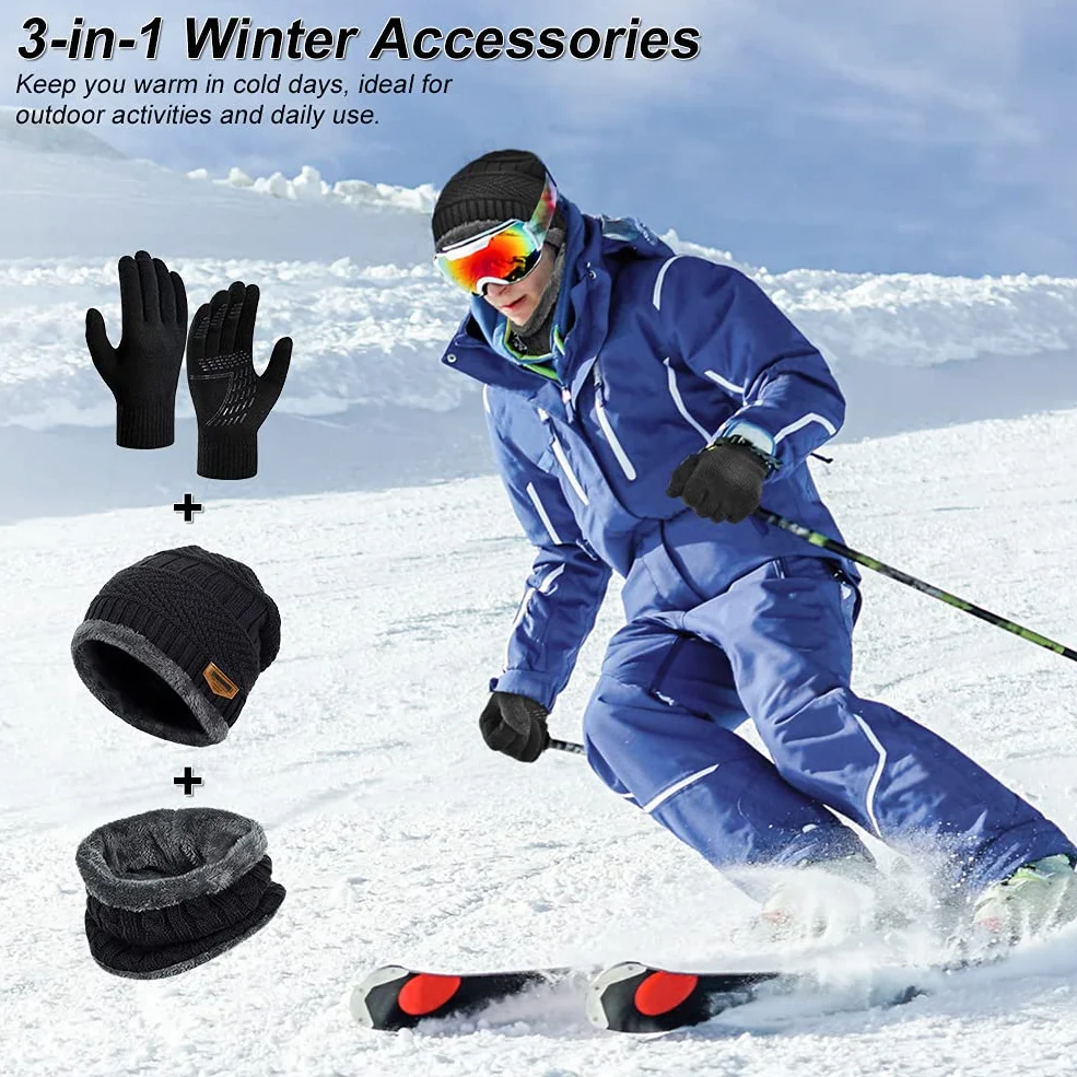Wintermütze Schal Touchscreen Handschuhe Set - Unisex Beanie Strickmütze Winterschal Thermo Handschuhe | Fleecefutter Warme Knit Hut Loop Schal Rutschfeste Handschuhe | für Herre Ski 3-in-1 Winter-Set
