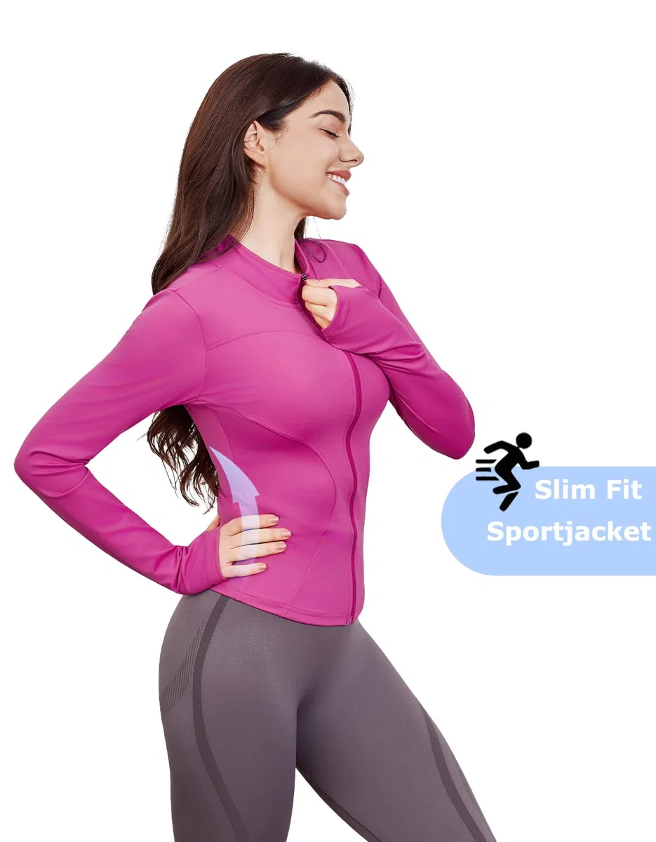 Damen Sportjacke Langarm Gym Tops Yoga Fitness Shirt Atmungsaktive Laufjacke Leicht Trainingsjacke Reißverschluss und Daumenloch