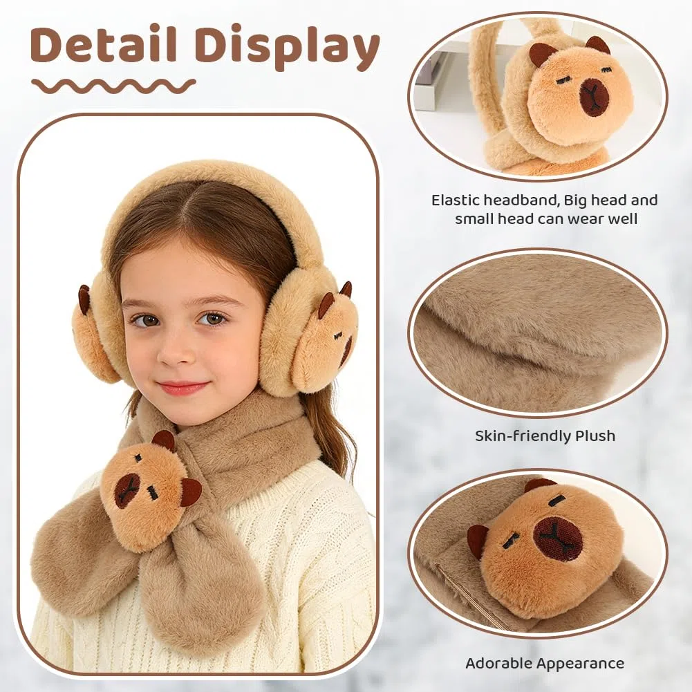 Capybara Winter Accessoires Kinder, 3PCS Ohrenschützer Fäustlinge und Schal Set Ohrenwärmer Earmuffs Plüsch Winterschal Kinderhandschuhe Winter Set Outdoor-Aktivitäten für Junge Mädchen Braun