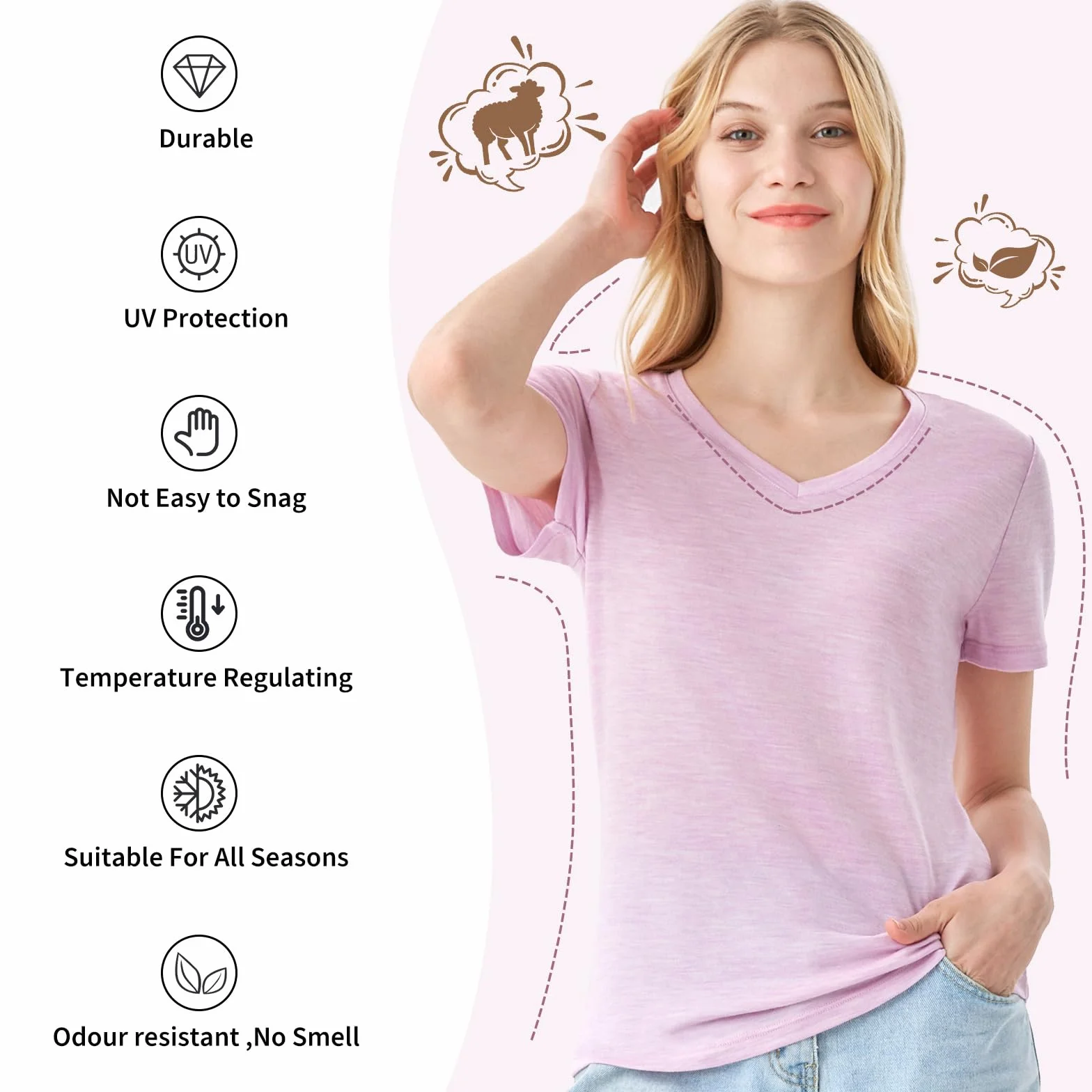 Merino Protect 100% Merino Wolle V-Ausschnitt Shirt Damen Kurzarm Funktionsunterwäsche Reisen Wandern