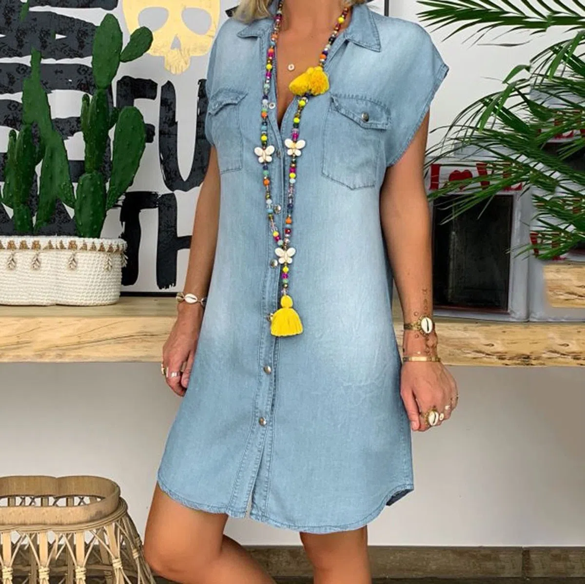 Jeanskleid Damen Sommer Lang Casual Locker Hemdkleid Denim Kleid A-Linie Knielang Shirtkleid Strandkleid Kurzarm Sommerkleid Blusenkleid Oversize Baumwolle Partykleid