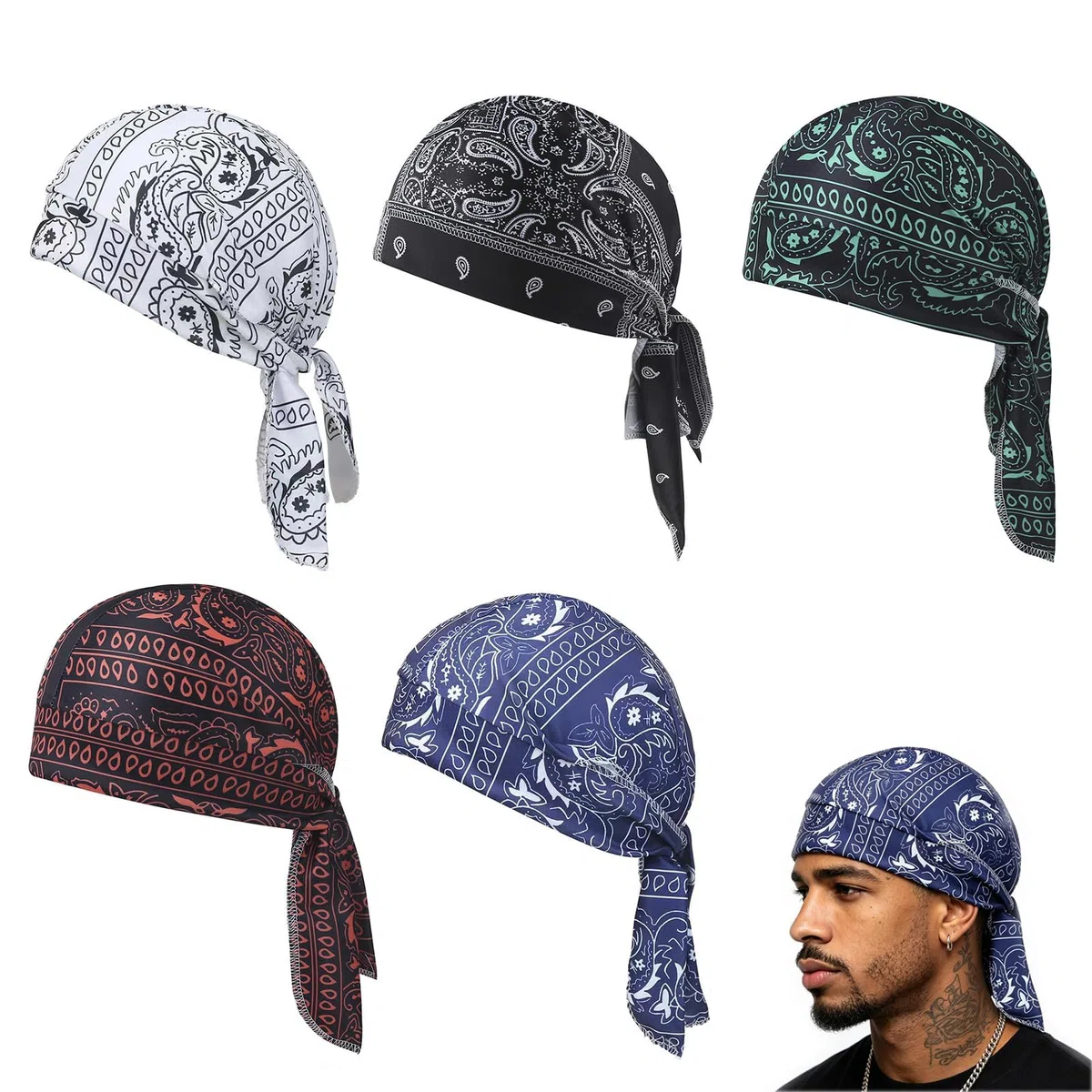 Generisch 5 Stück kühlendes Kopftuch Bandana, elastische Passform 55-60cm, schnelltrocknend und atmungsaktiv, praktisches Helm-Innenfutter, vielseitiger Kopfwickel für Sommer, Sport, Laufen, Reiten