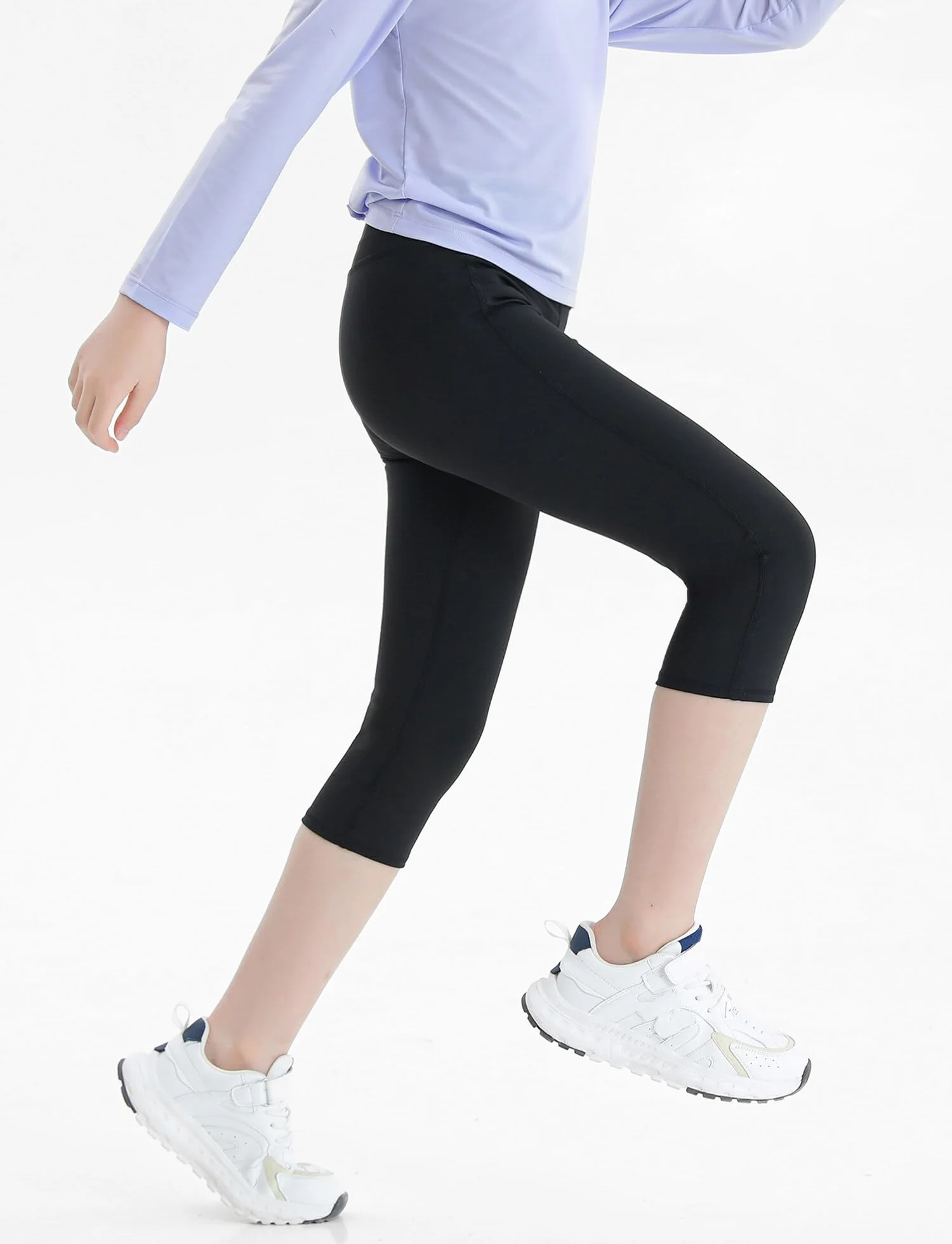 SEAUR Mädchen Sport Leggings 3/4 Yogahose mit Tasche Einfarbig Eng Jogginghose Laufhose Sporthose Trainninghose 110-152