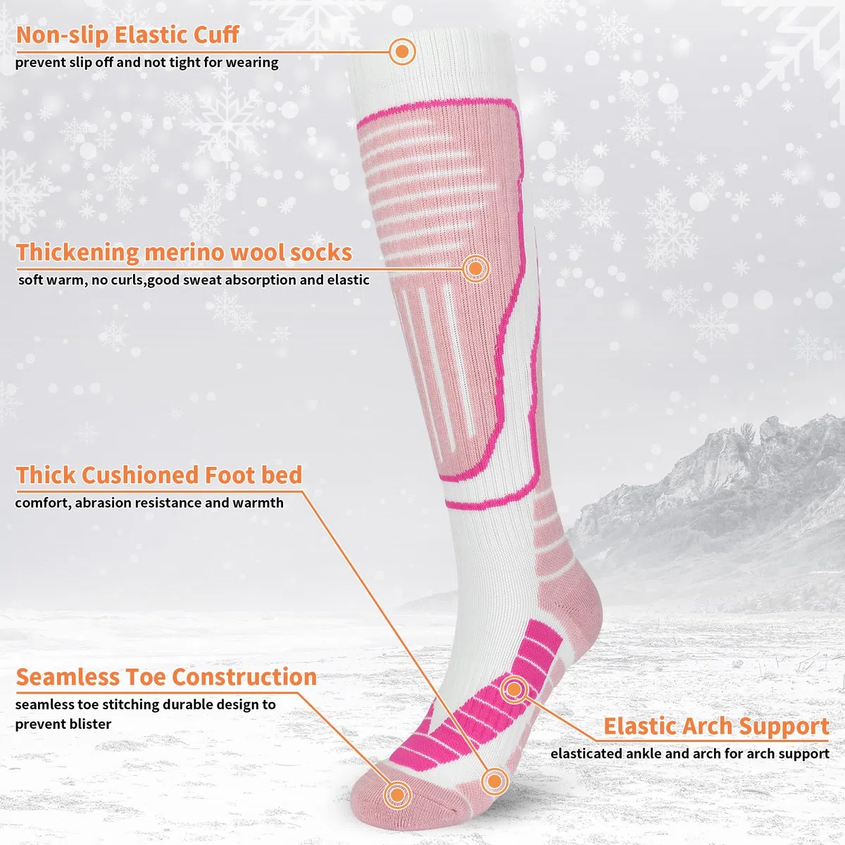 KOOOGEAR 2 Paar Damen Skisocken aus Merinowolle,kniehohe Thermosocken für Damen,dicke,warme Sport-Wollsocken für den Winter zum Snowboarden,Skifahren,Radfahren,Wandern