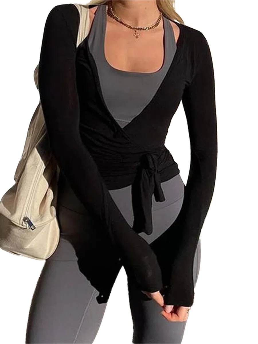 Felcia Frauen Y2k Ballett Wrap Top Langarm Tiefer V-Ausschnitt Slim Fit Yoga Pilates Ballet Workout Tops Frühling Kleidung