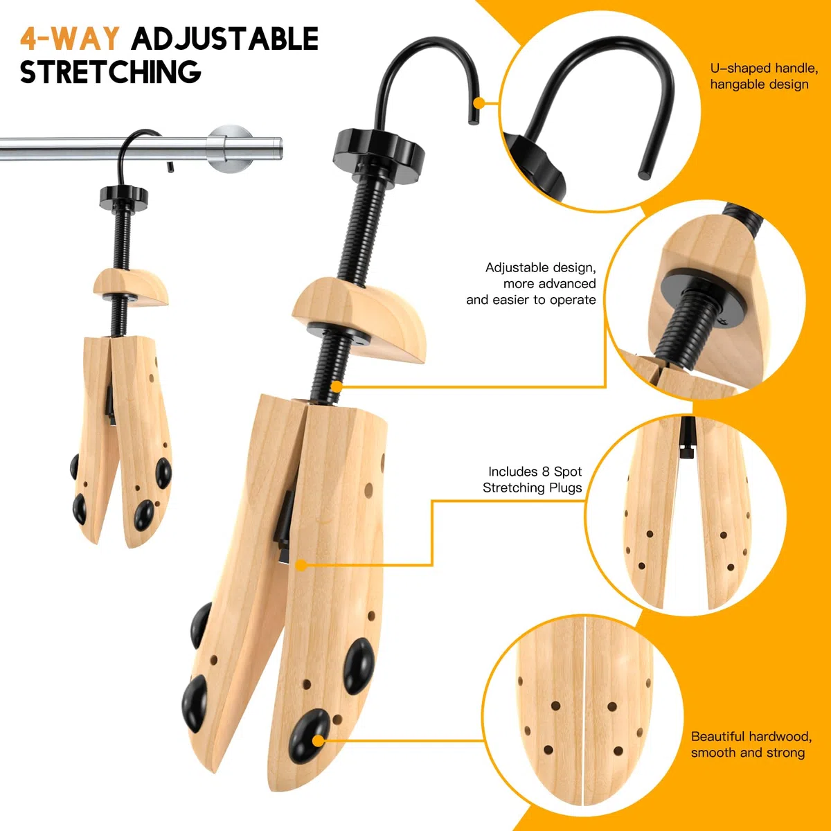 JJDPARTS Schuhspanner Holz, Schuhspanner Herren und Damen, 4-Wege Schuhdehner, Schuhweiter für Einstellbare Länge und Breite mit Schuhlöffel