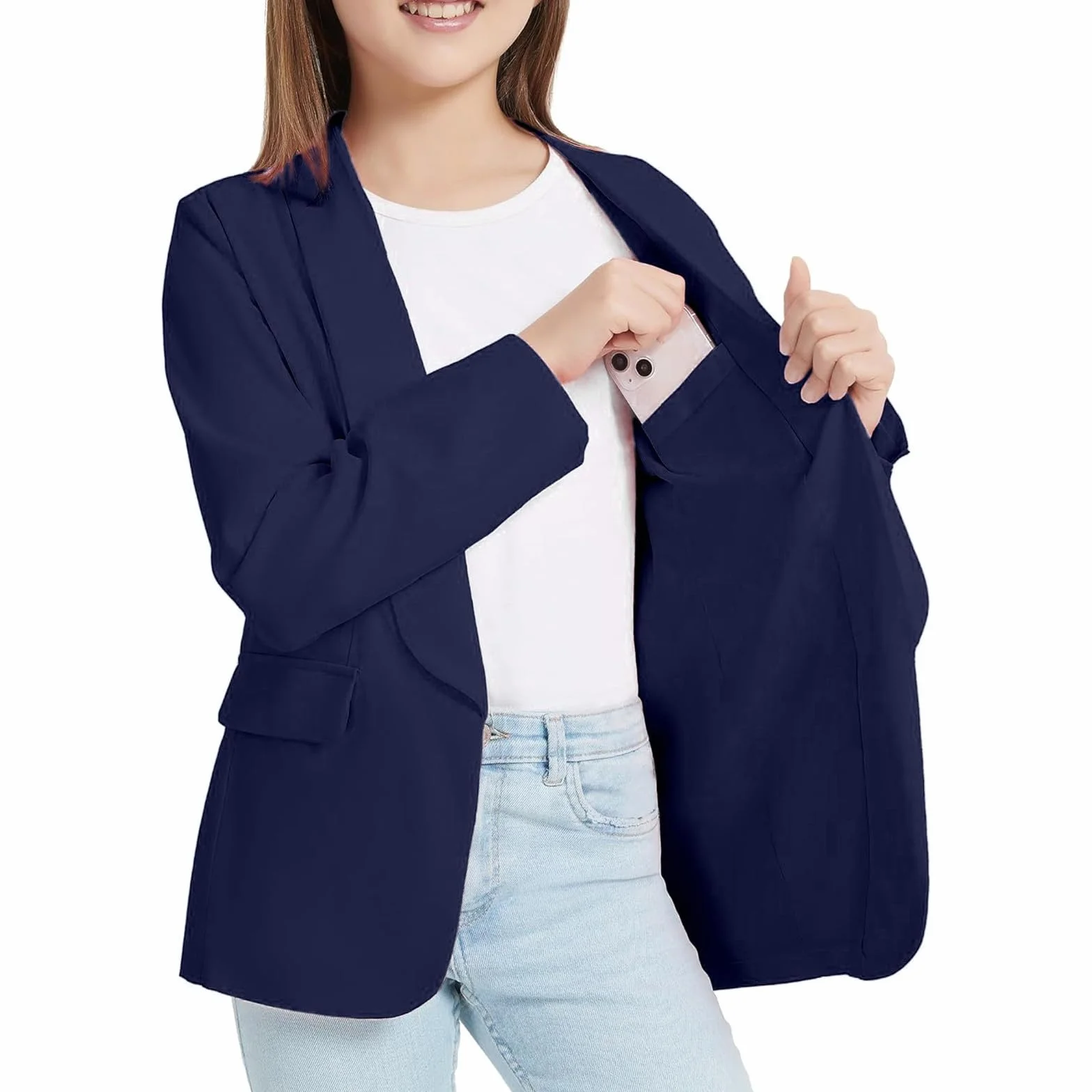 Blazer Mädchen Einfarbig Anzugjacke Kinder Mode Revers Langarm Cardigan Formale Offene Front Anzugjacke mit Innentasche Slim Fit Sakko Lässig Smoking Frühling-Herbst Arbeitsanzug Hochzeit 3-14 Jahre