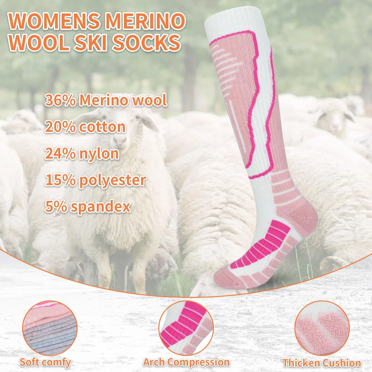 KOOOGEAR 2 Paar Damen Skisocken aus Merinowolle,kniehohe Thermosocken für Damen,dicke,warme Sport-Wollsocken für den Winter zum Snowboarden,Skifahren,Radfahren,Wandern