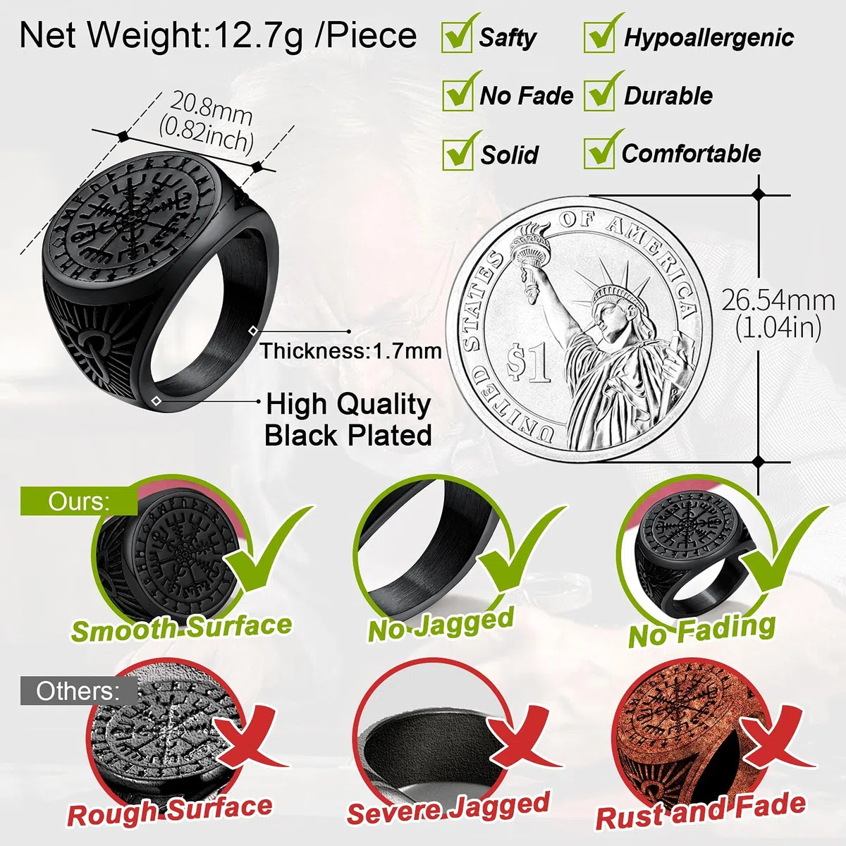 FaithHeart Viking Vegvisir Fingerring in Rundform， Vintag Kompass Fingerring mit Rune Symbol， Retro Skandinavischer Ring mit Gravur für Weihnachten Geburtstag