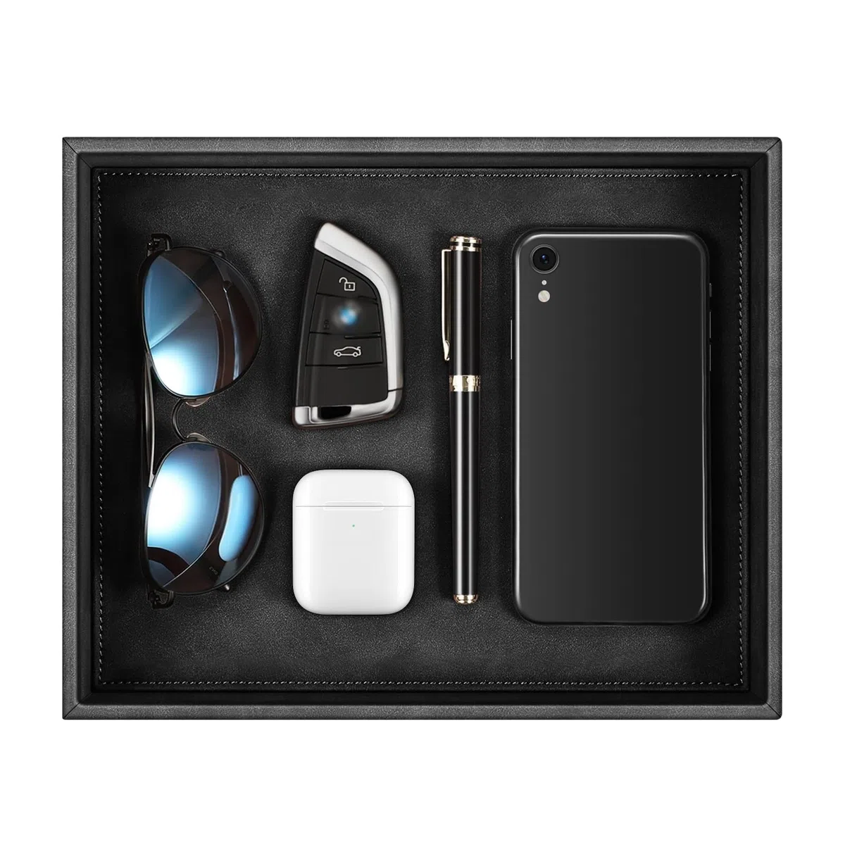 SITHON Lederschale Ablage, Kunstleder Tablett Organizer Ablage Aufbewahrungsbox klassisch Ablageschale Valet Tray für Handy Schmuck Schlüssel Kleingeld Geldbörse Uhren Brillen Büroausstattung, Schwarz