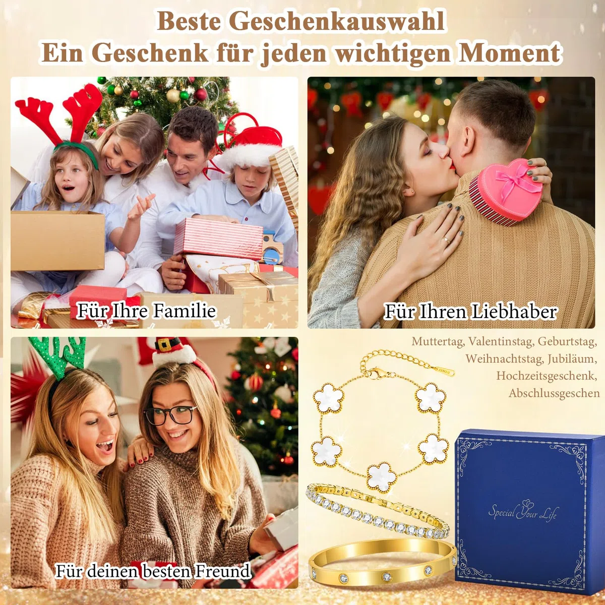 3 Stück Kleeblatt Armband Damen Gold, 18K Stapelbare Fünfblättriger Kleeblattschmuck Set, Halskette Tennis Armbänder, Edelstahl Armreif Zirkonia, Glückssymbolgeschenke Den Alltag Geburtstage Jahrestag