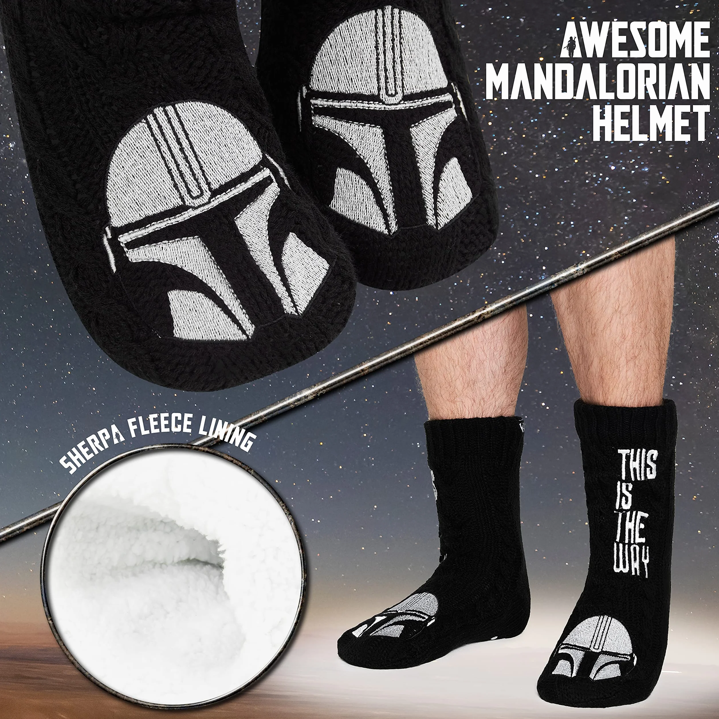 Disney The Mandalorian Kuschelsocken Herren Größe 38–44, Weich Flauschige Baby Yoda Socken mit Antirutsch-Noppen, Geschenke für Männer (Schwarz)