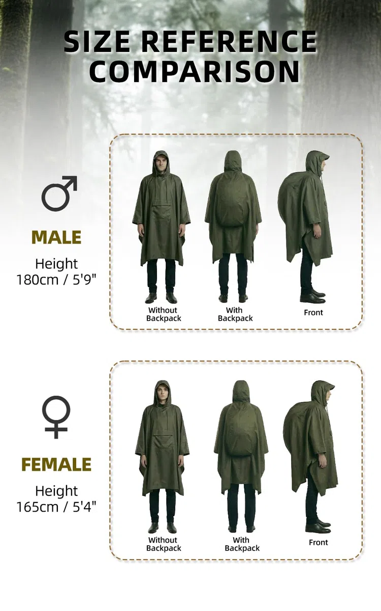Wasserdichter Regenponcho, Leicht Atmungsaktiv Regencape, Unisex Regencape mit Kapuze, 3-in-1-Multifunktional Regenmantel Regenschutz Regen Poncho für Wandern, Camping, Angeln, Fahrrad