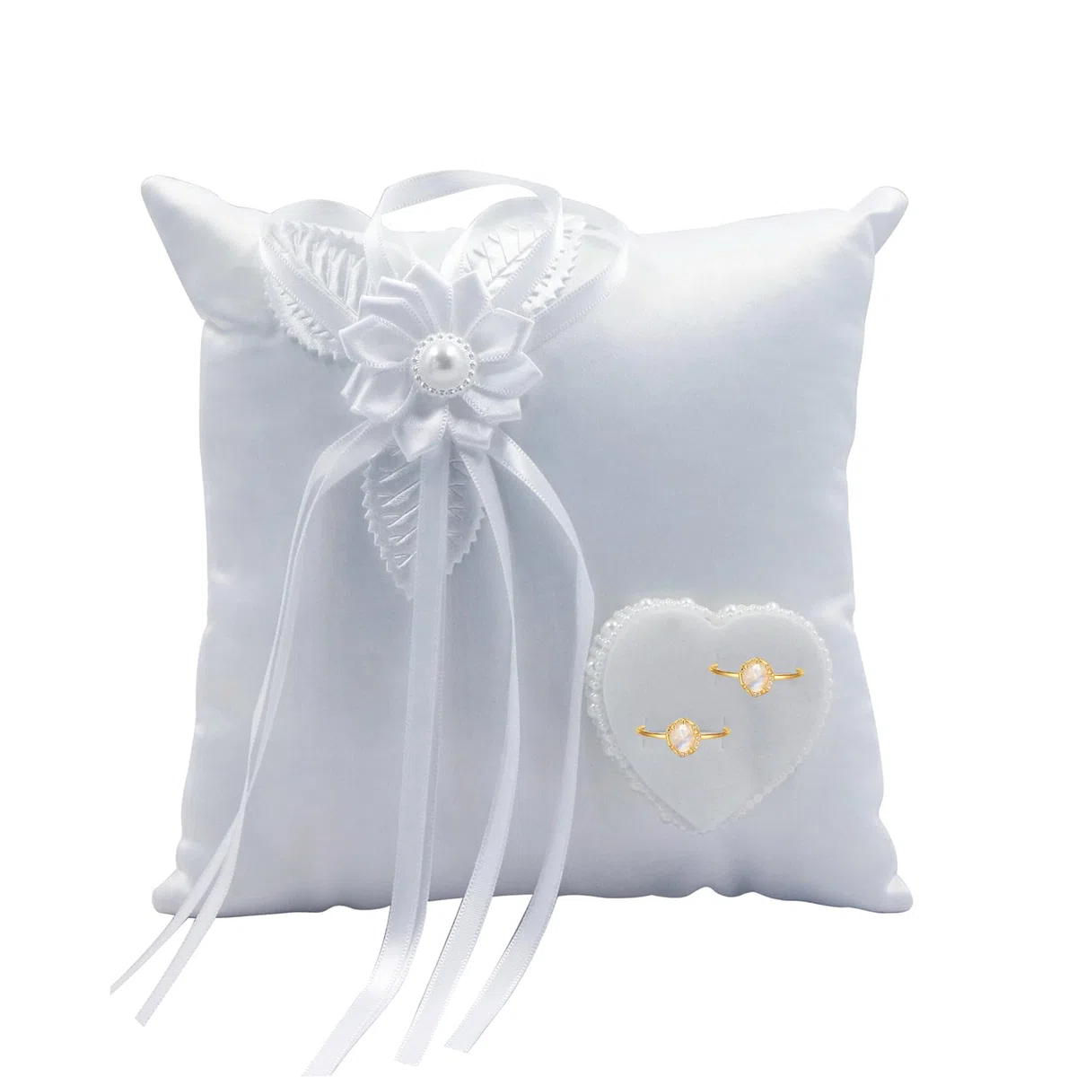 Ringkissen Hochzeit Ringhalter Kissen, Weiß Brautkissen Träger Ringschachtel 20x20cm Ringkästchen Ringschatulle mit Satinband und Simulation Perle (Ringkissen 1)