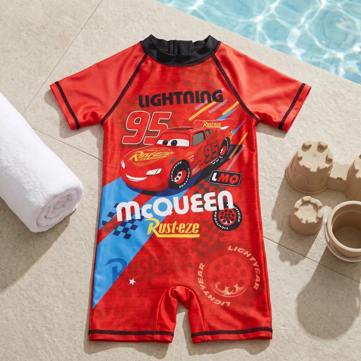Disney Cars Lightning McQueen Jungen Schwimmanzug Badeanzug Kurzarm, rote Bademode für Kinder Gr. 86-116, 88% Polyester 12% Elastan