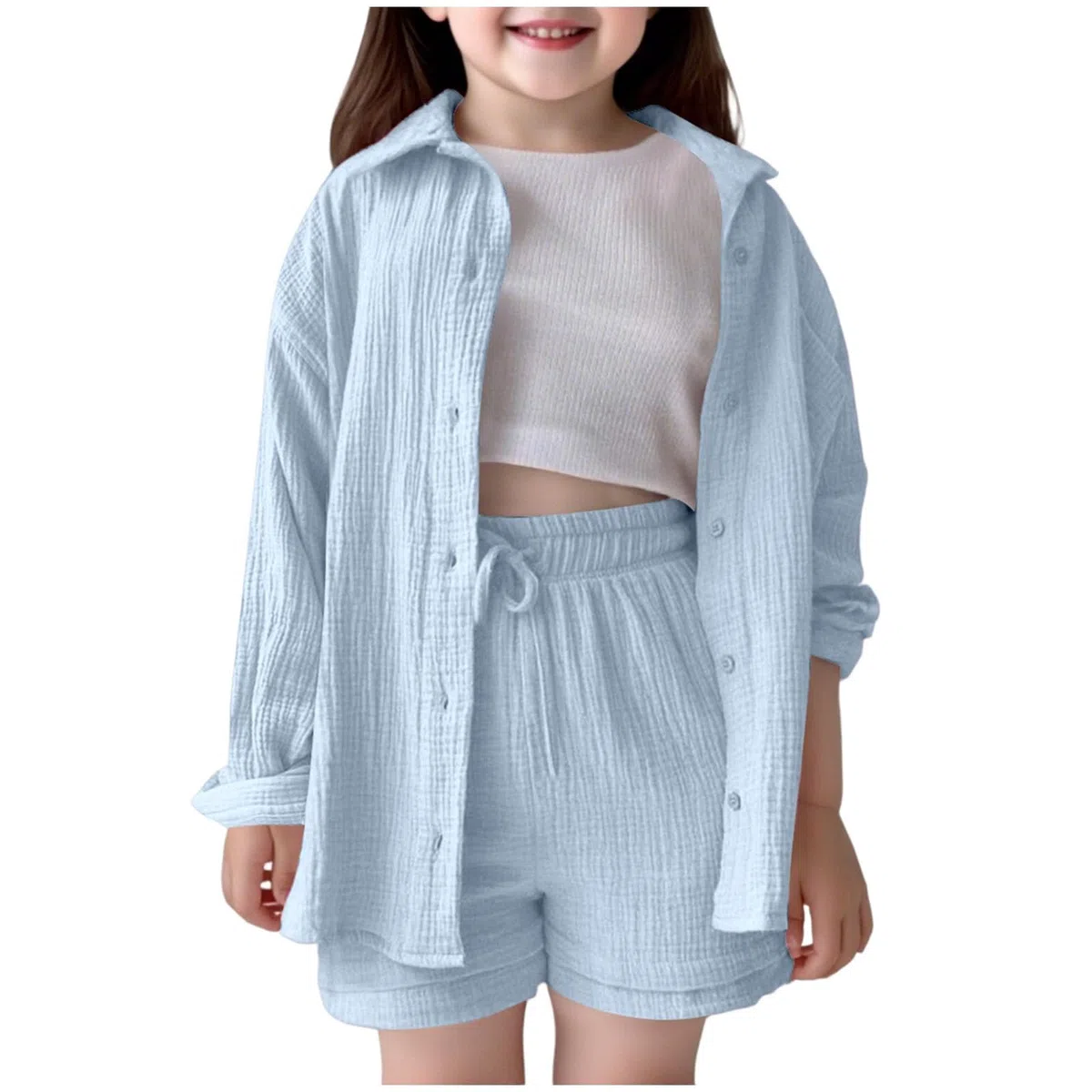 Sommer Zweiteiler Mädchen Kinder Sommer Musselin Bluse Hemd und Shorts Zweiteiler Set Baumwolle Strand Outfit Set Oversize Freizeitanzug Langarm Hausanzug Y2K Clothes