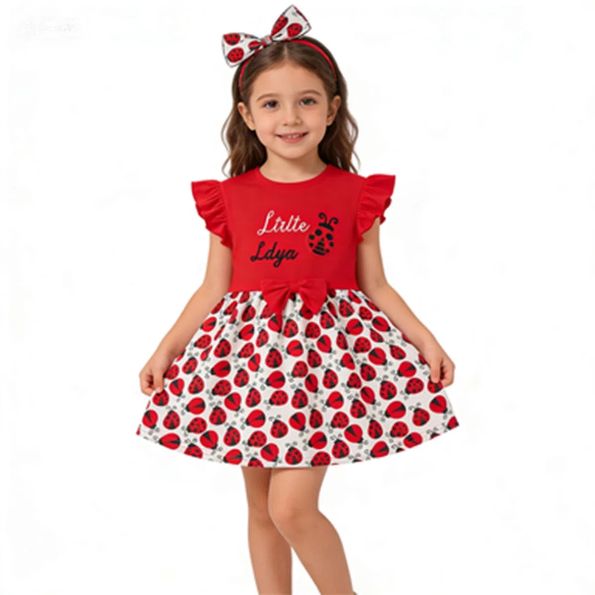 Kurzärmeliges Mädchen Kleid Mit Marienkäfer-Print - Lockeres Sommerkleid Mit Schleifenmotiv | Lässiges Kleid Für Alltag Und Spielplatz