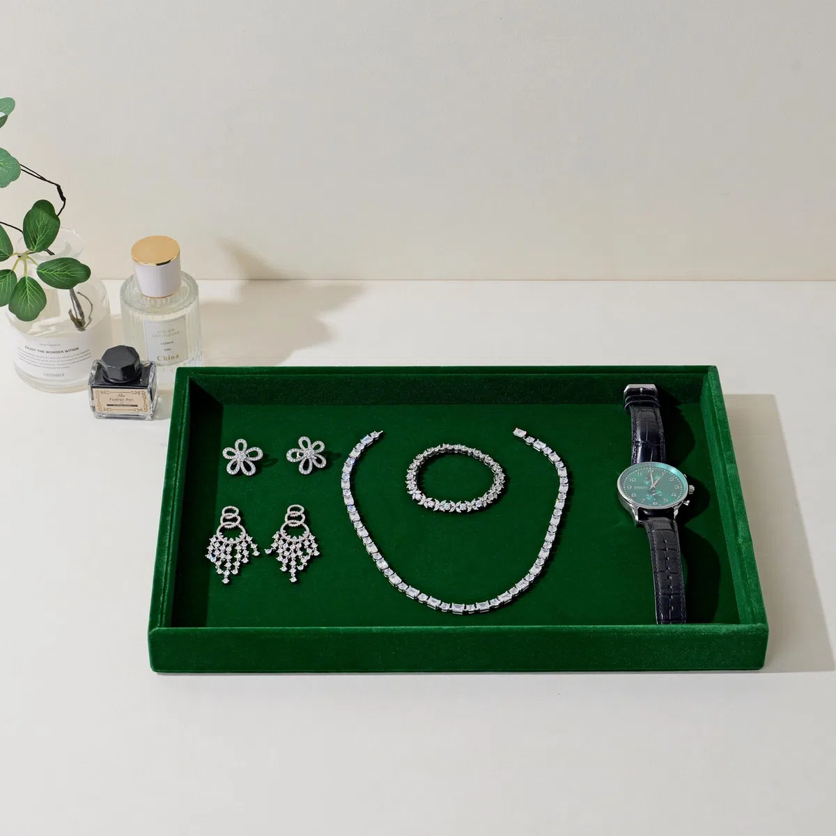 Oirlv Jahrgang Grün Samt Schmucktablett für Schmuckschatulle Schmuckaufbewahrung Schmuck Organizerblett
