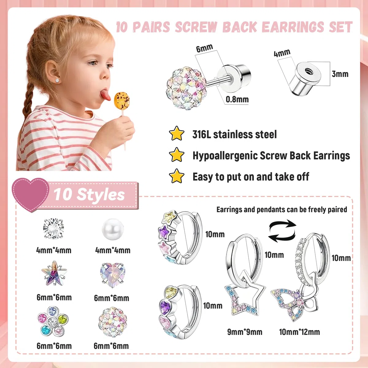 LOFITOR 10 Paar Hypoallergene Ohrringe für Damen Mädchen 316L Chirurgenstahl Medizinische Ohrstecker Creolen Hängende Set Schmetterling Blume Herz Stern Kinder Edelstahl Ohrringe Mädchen Set