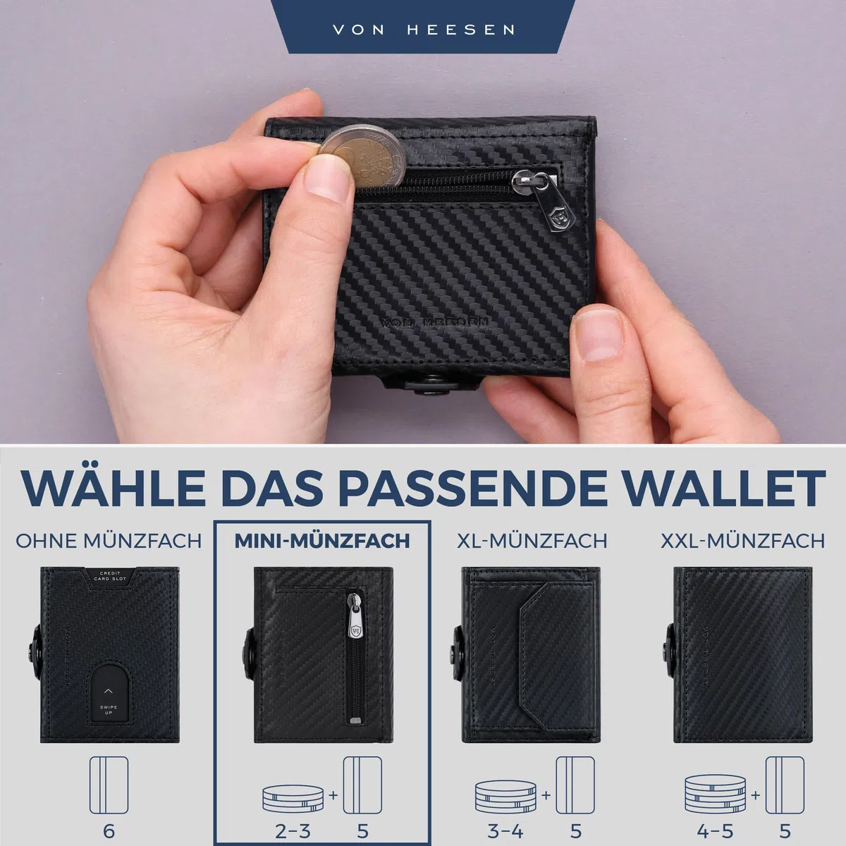 VON HEESEN Slim Wallet mit Münzfach & RFID Schutz Geldbörse Herren Damen Kartenetui Mini Portmonee Carbon-Schwarz