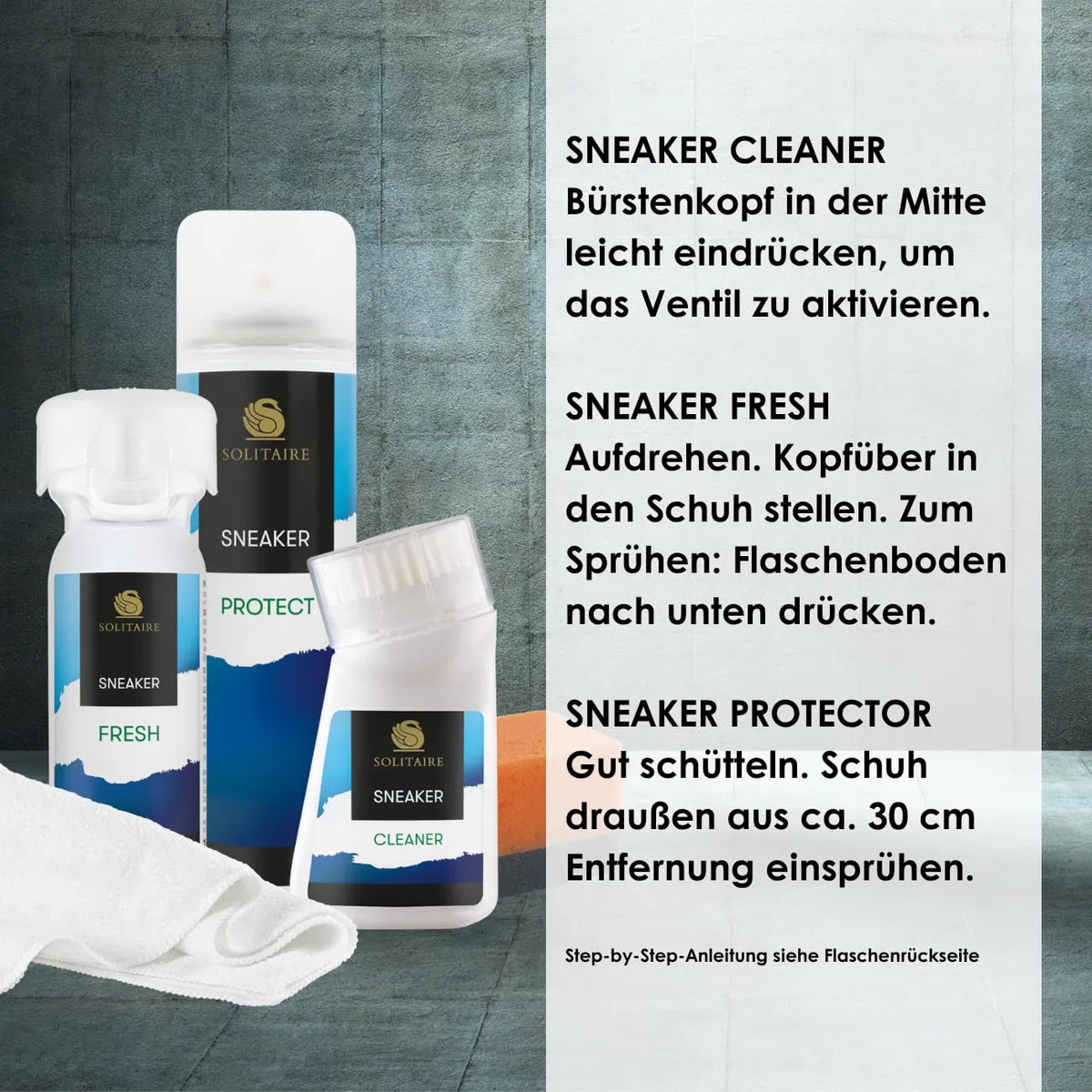 SOLITAIRE Sneaker Pflege & Schutz Set für alle Materialien, 5-teiliges Schuhputz-Set: Imprägnierspray, Universal-Reiniger, Schuhdeo Geruchsentferner, Mikrofasertuch und Schwamm - Schuhpflege-Set