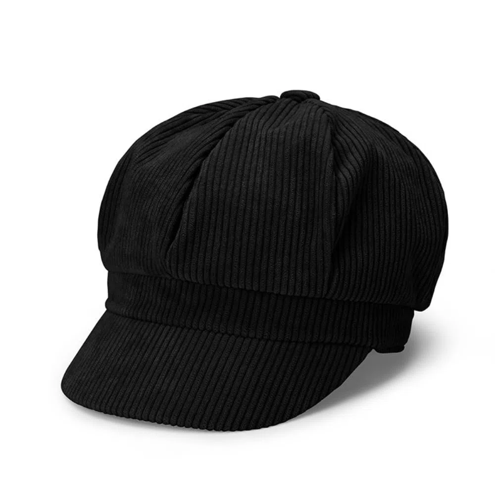 Schirmmütze Barett Mütze Winter Mütze Achteckige Kappe Cord Newsboy Caps Baskenmütze Maler Hüte Ballonmütze Warm Hüte Reisehut Malerhut für Frauen Frühling Herbst,1 Stück,Schwarz