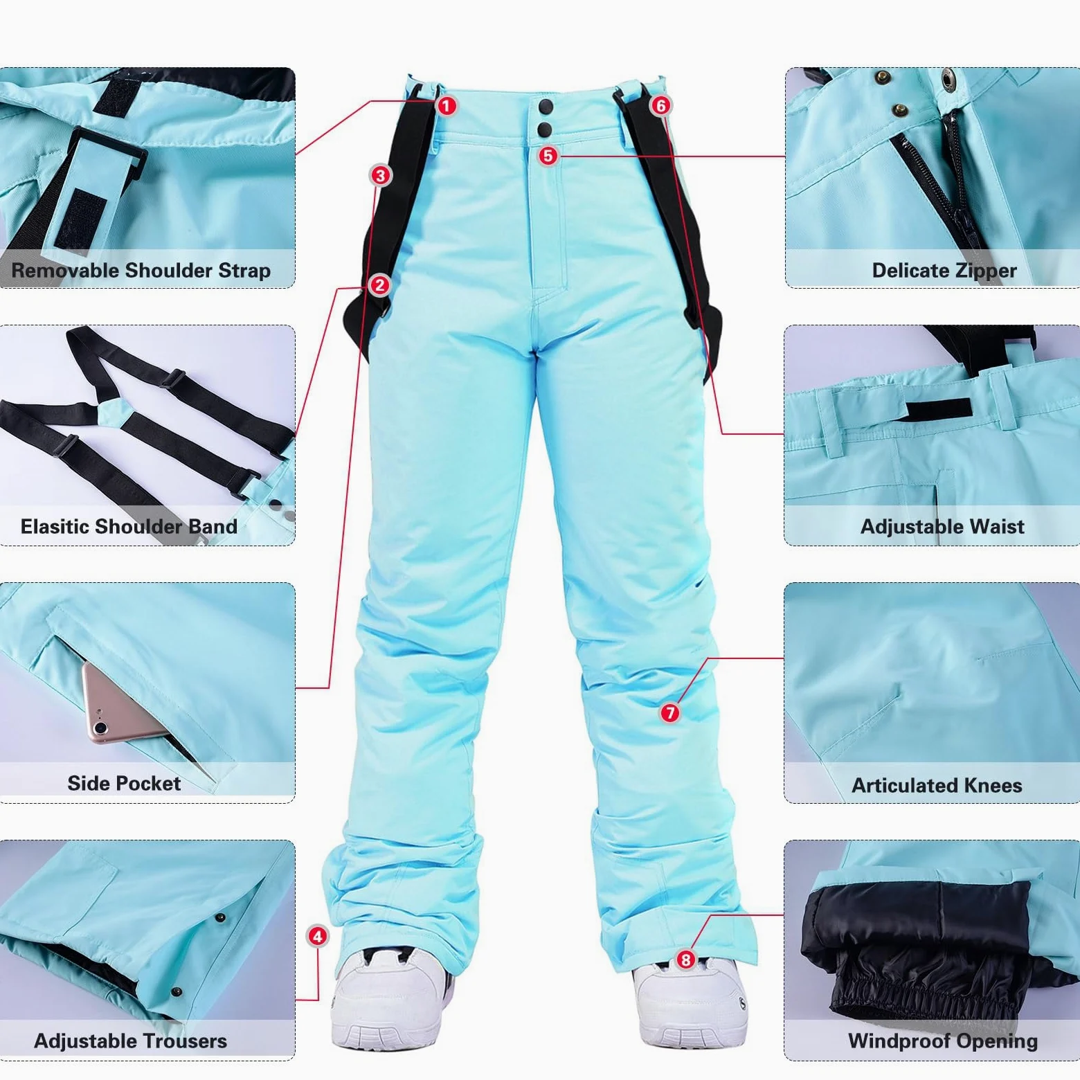 ALSOGO Damen Skijacke & Skihose Set Skianzug 2 teilig Schneeanzug Wasserdicht Warm Winterjacke mit Abnehmbare Kapuzen zum Skifahren Snowboarden Schneejacke Schneehose