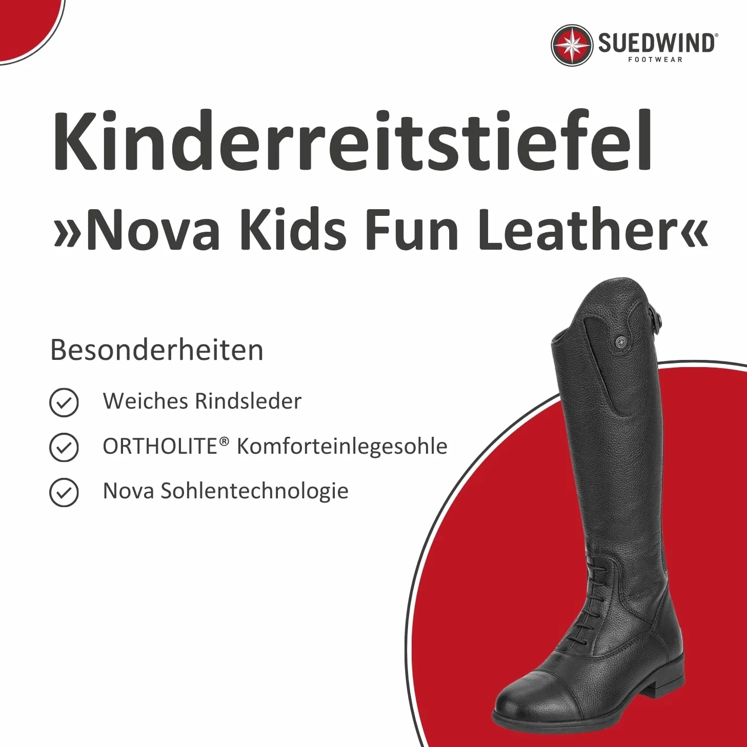 SUEDWIND FOOTWEAR Kinder-Reitstiefel aus Leder Nova Kids Fun Leather – Stiefel zum Reiten – Derby-Schnürung, Reißverschluss, Komfort-Innensohle & auswechselbare Patches – schwarz – 35-41