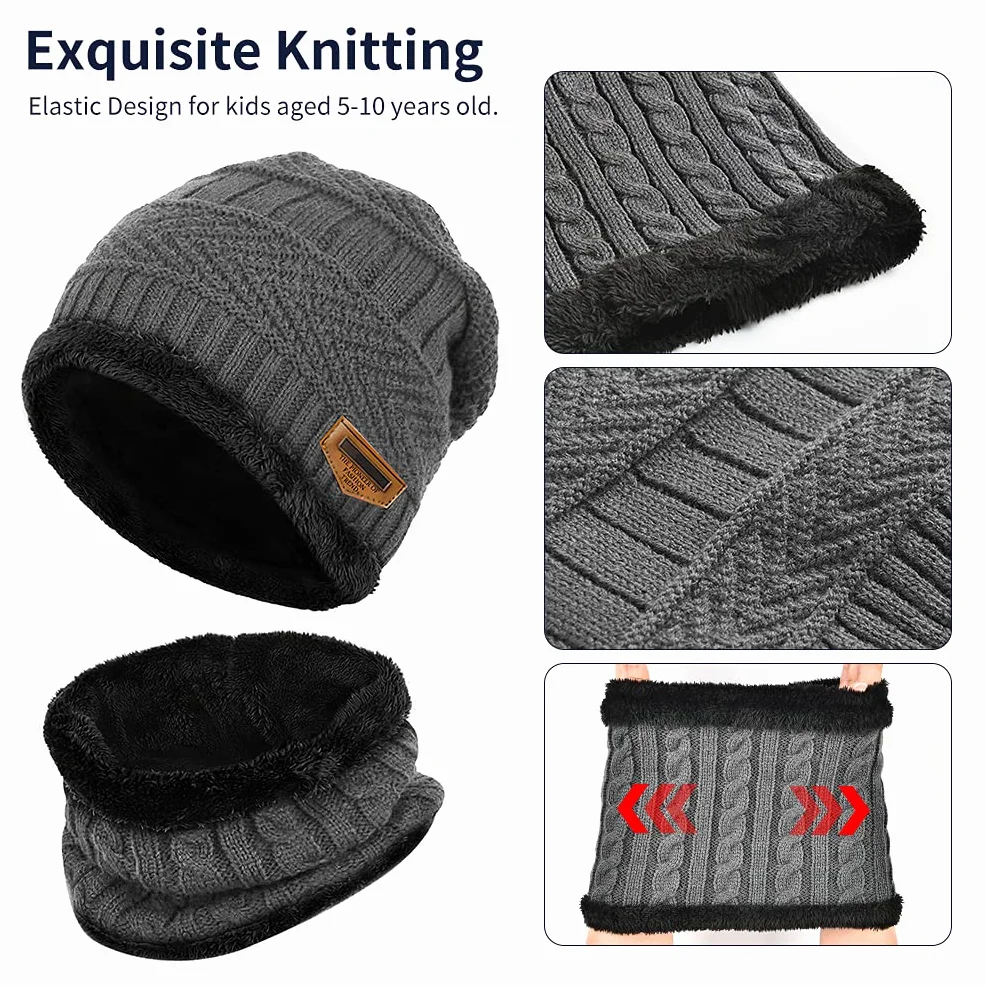 Kinder Wintermütze Schal Handschuhe Set - Beanie Strickmütze Winterschal Thermo Touchscreen Handschuhe | Fleecefutter Warme Knit Hut Loop Schal Rutschfeste | Für Junge Mädchen 5-10 Jahre