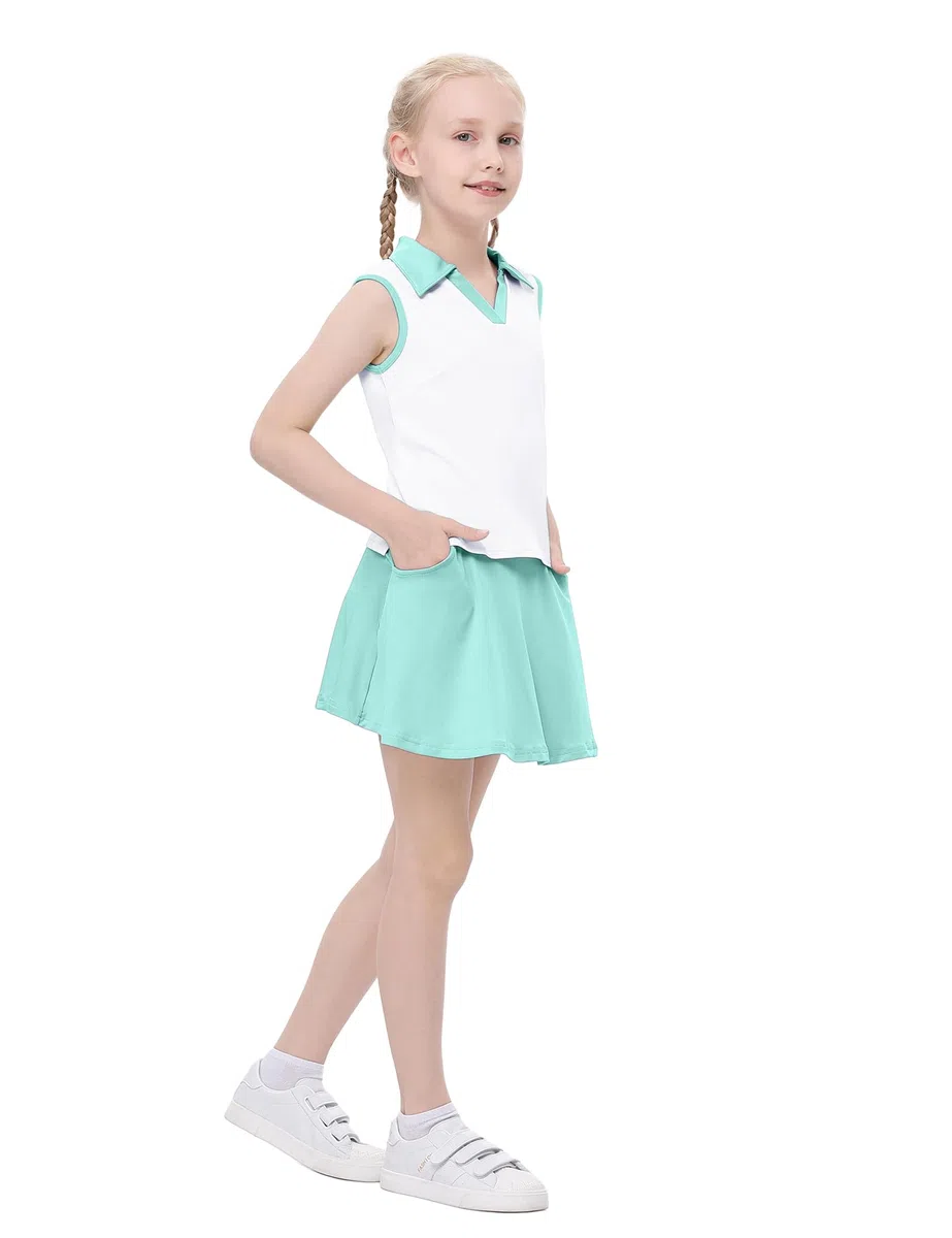 Tennis-/Golfkleid für Kinder, Mädchen, ärmelloses Kleid mit Taschen, athletische Skorts und Polo-Tank-Top-Sets