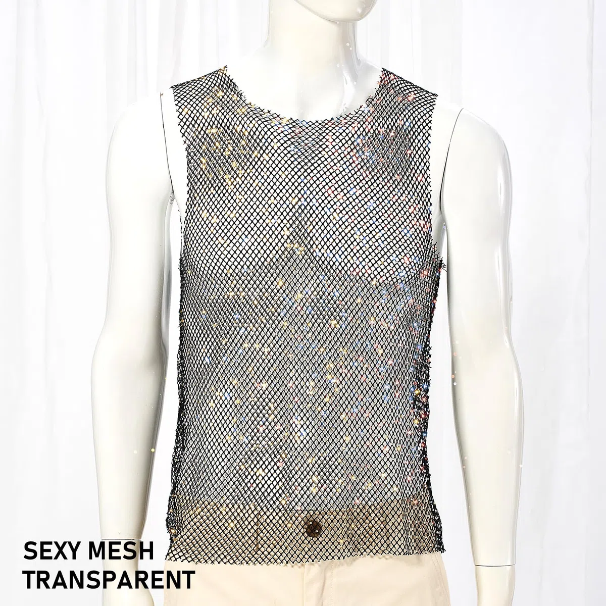 Herren Strassweste Sexy Transparentes Oberteil Fishnet Glitzer Netz Top Festival Durchsichtig Shirt