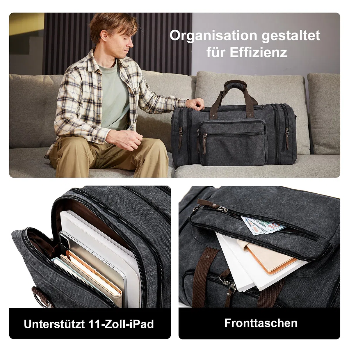 Erweiterbare Reisetasche 70L, Große Sporttasche Herren Damen, Robuste Stofftasche für Reisen, Fitness und Business, Handgepäcktasche (Dunkelgrau)