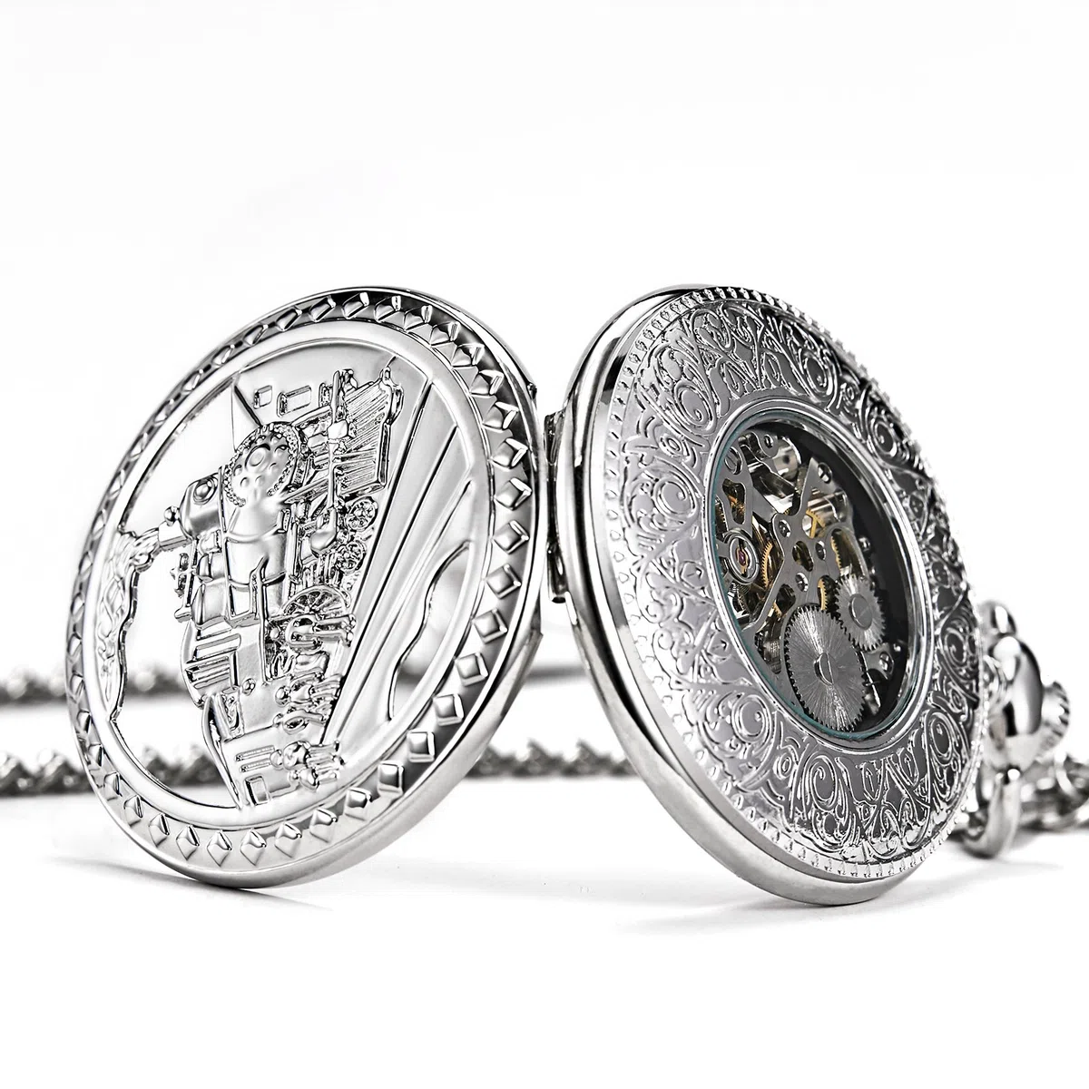 TREEWETO Antique Mens Pocket Watch Skeleton Mechanical Hollow Bronze Case 3D Steam Train Railroad Roman Numerals
