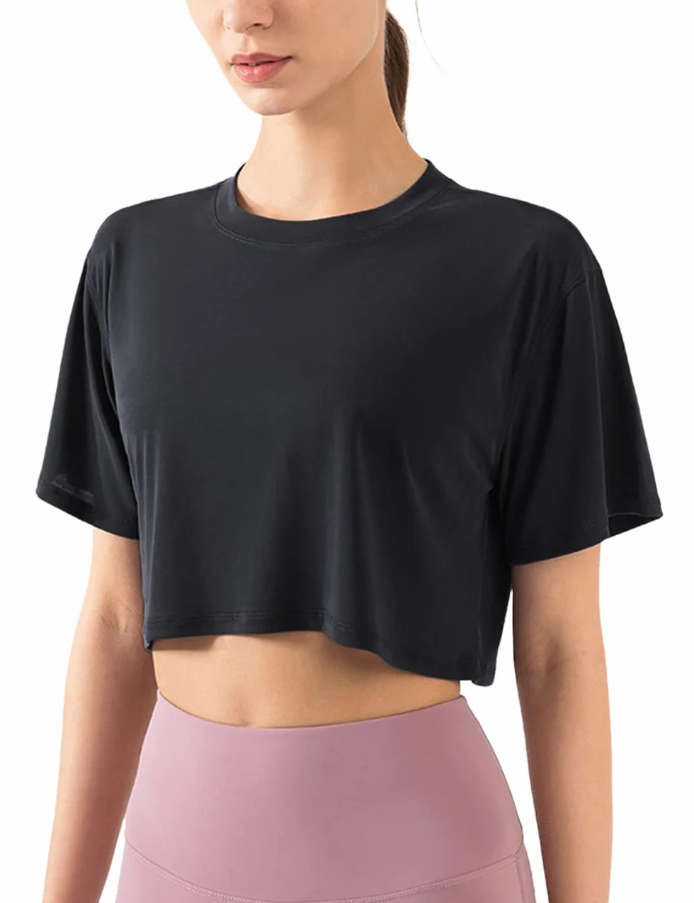 Damen Fitness Trainieren Crop-Tops Kurzarm Yoga T-Shirts Sportlich Betrieb Sport-Shirts