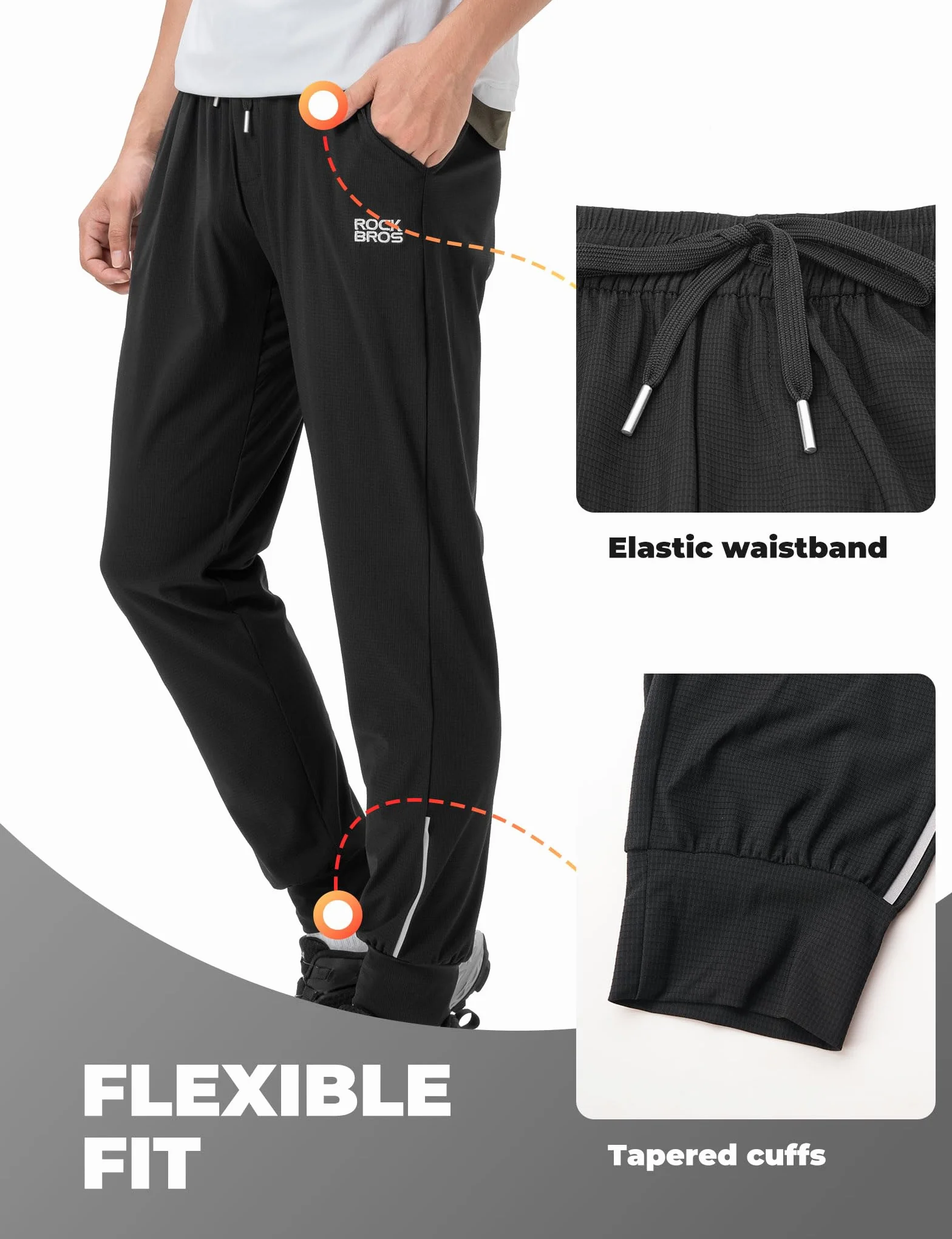 ROCKBROS Fahrradhose Lang Herren Leicht Atmungsaktiv Schnelltrocknend Mit Taschen Reflektierende Jogginghose Trainingshose Wanderhose MTB Laufen, Schwarz