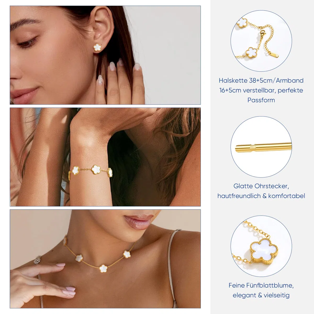 TempBeau Kleeblatt Armband Damen Schmuckset Mädchen, 18 K Vergoldet Edelstahl Halskette Ohrstecker Armband mit Zweiseitig Anhänger, Glücksklee Schmuck Set für Hochzeit Geburtstag Jahrestag