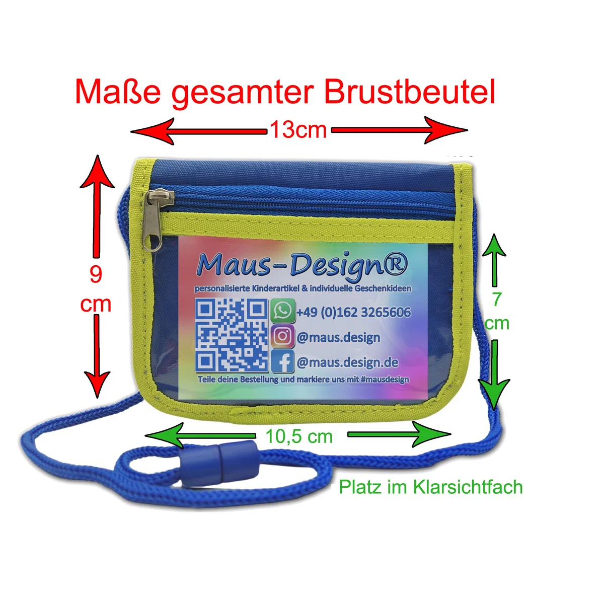 Kinder Brustbeutel mit Name, Papagei | Schriftartwahl, Klettverschluss, Schnur zum Umhängen, Klarsichtfach, Personalisiert