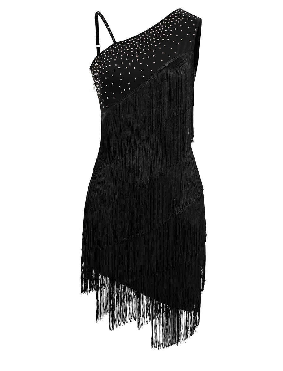 Damen Asymmetrisch Eine Schulter Strass Fransen Latin Dance Kleid 1920s Pailletten Quaste Flapper Kleider Salsa Cha-Cha Ballroom Dance Kostüm